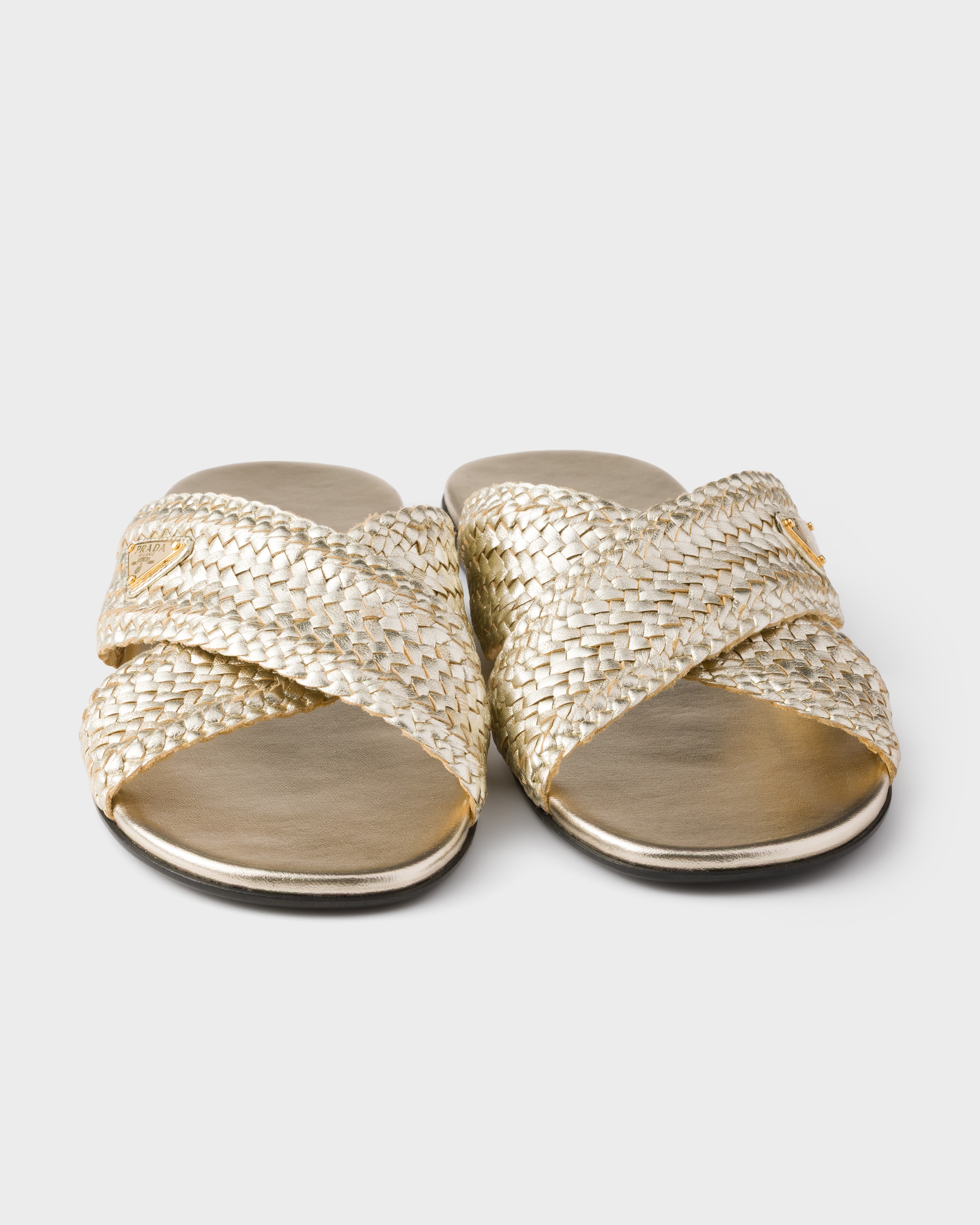 Pyrite Leather Crisscross Slides | PRADA - United States