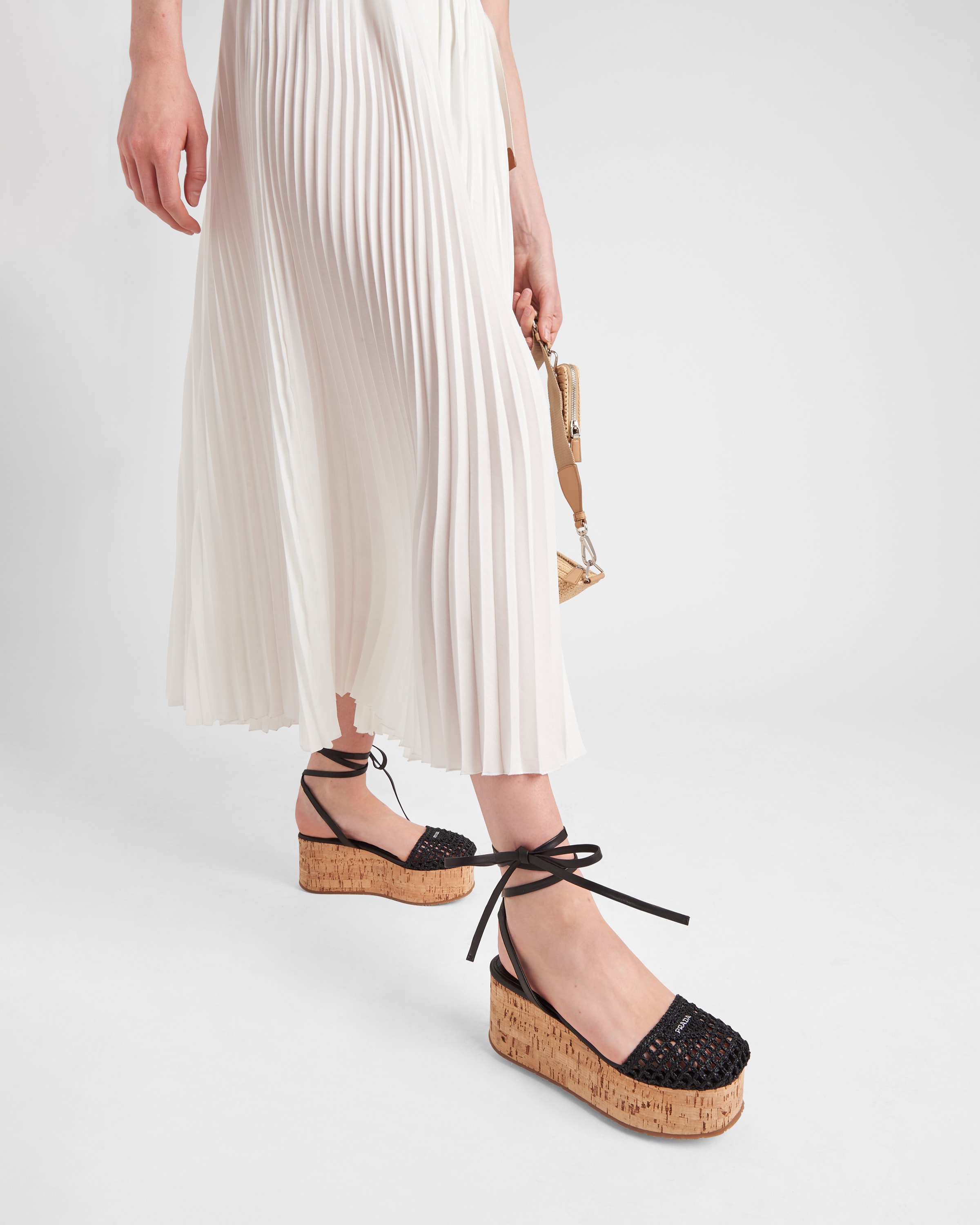 Black Crochet Wedge Sandals PRADA