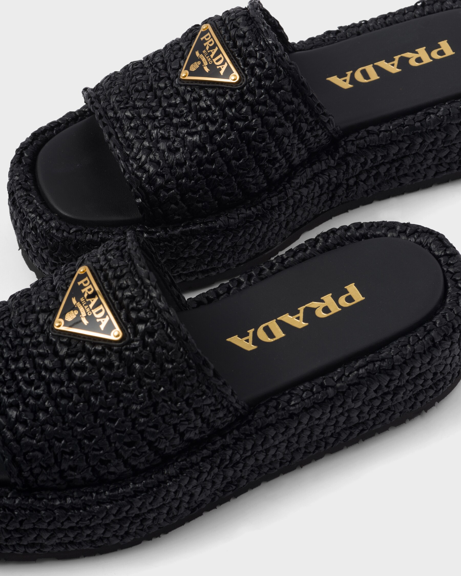 PRA STRAP SLIDES SANDALS GLOSSY BLACK CALFSKIN