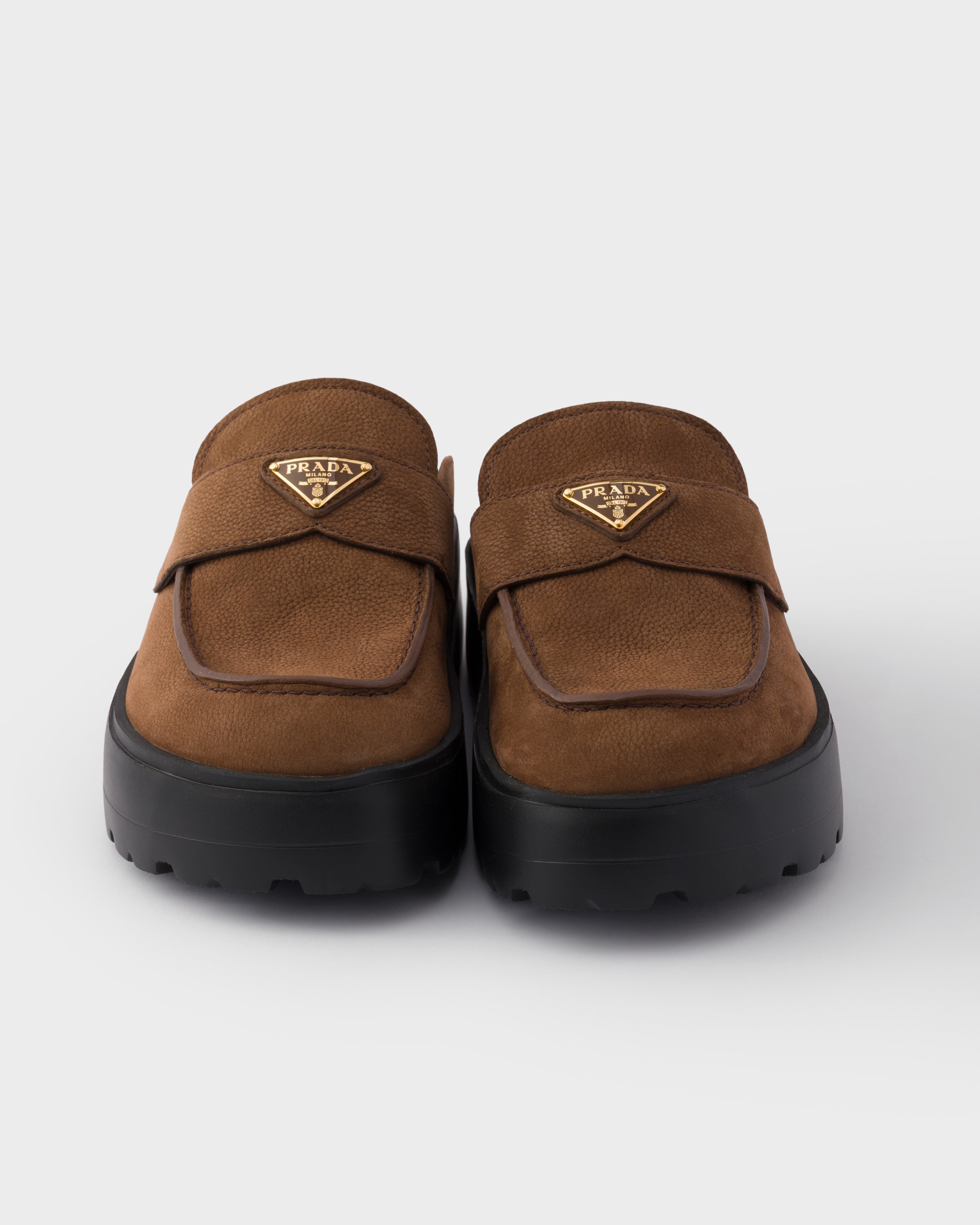 Cocoa Brown Nubuck flatform mules | PRADA - United States
