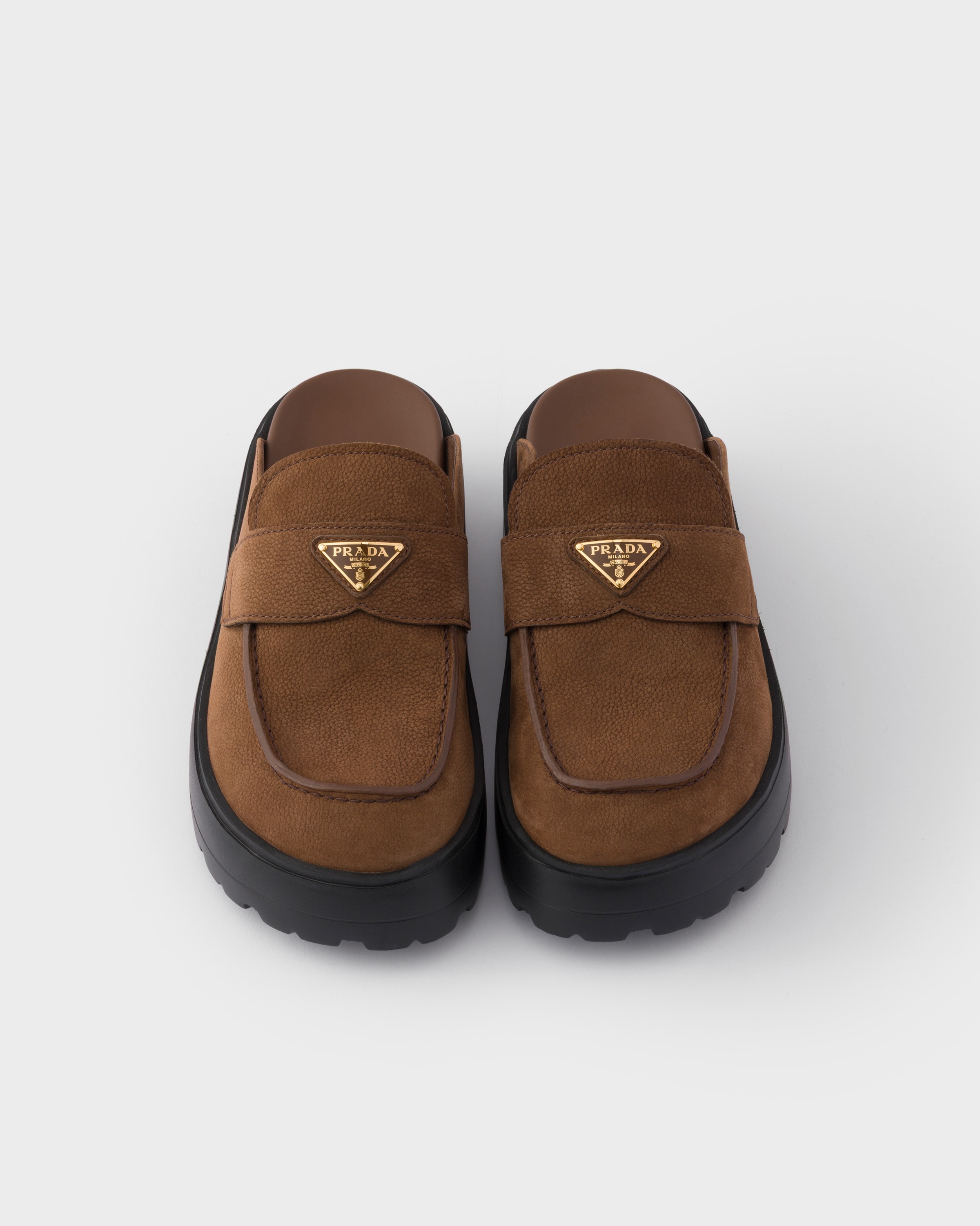 Cocoa Brown Nubuck flatform mules | PRADA - United States
