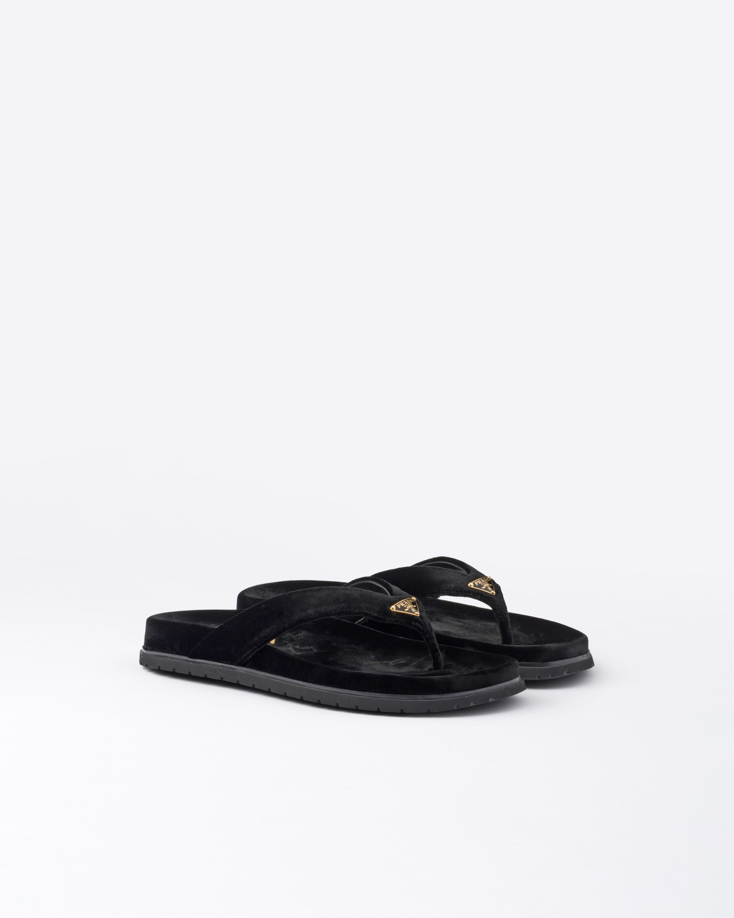 Prada Logo-plaque Velvet Flip Flops In Black