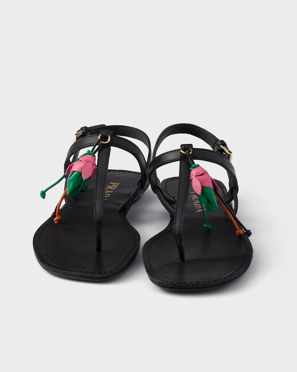 Antiqued leather thong sandals with floral ornament - Black Antiqued leather thong sandals with floral ornament - Black