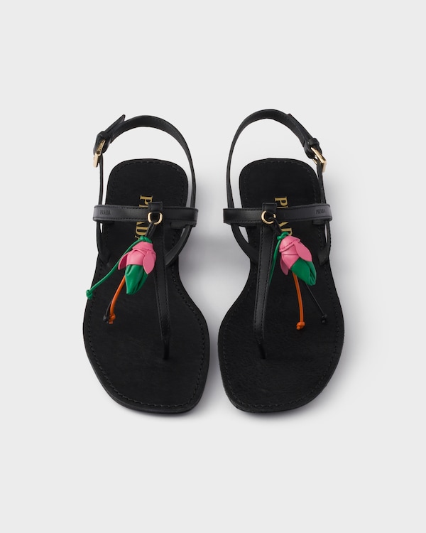 Antiqued leather thong sandals with floral ornament - Black Antiqued leather thong sandals with floral ornament - Black