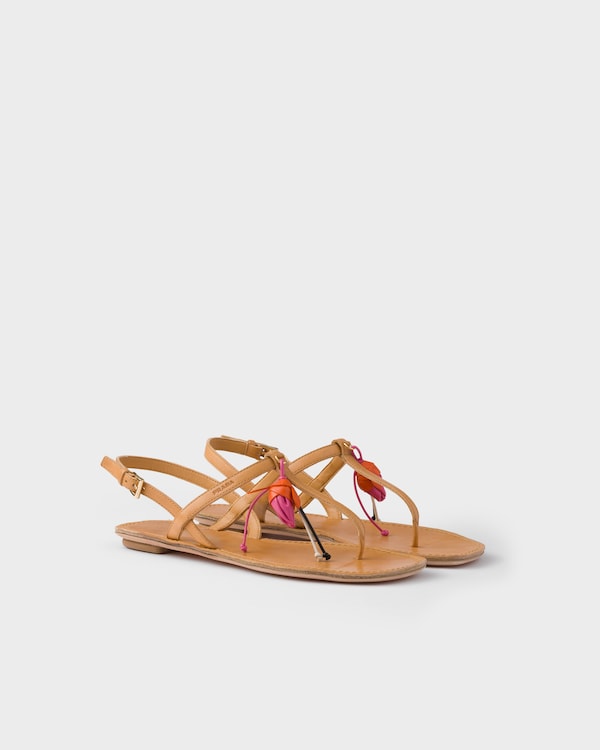 Antiqued leather thong sandals with floral ornament - Natural Antiqued leather thong sandals with floral ornament - Natural