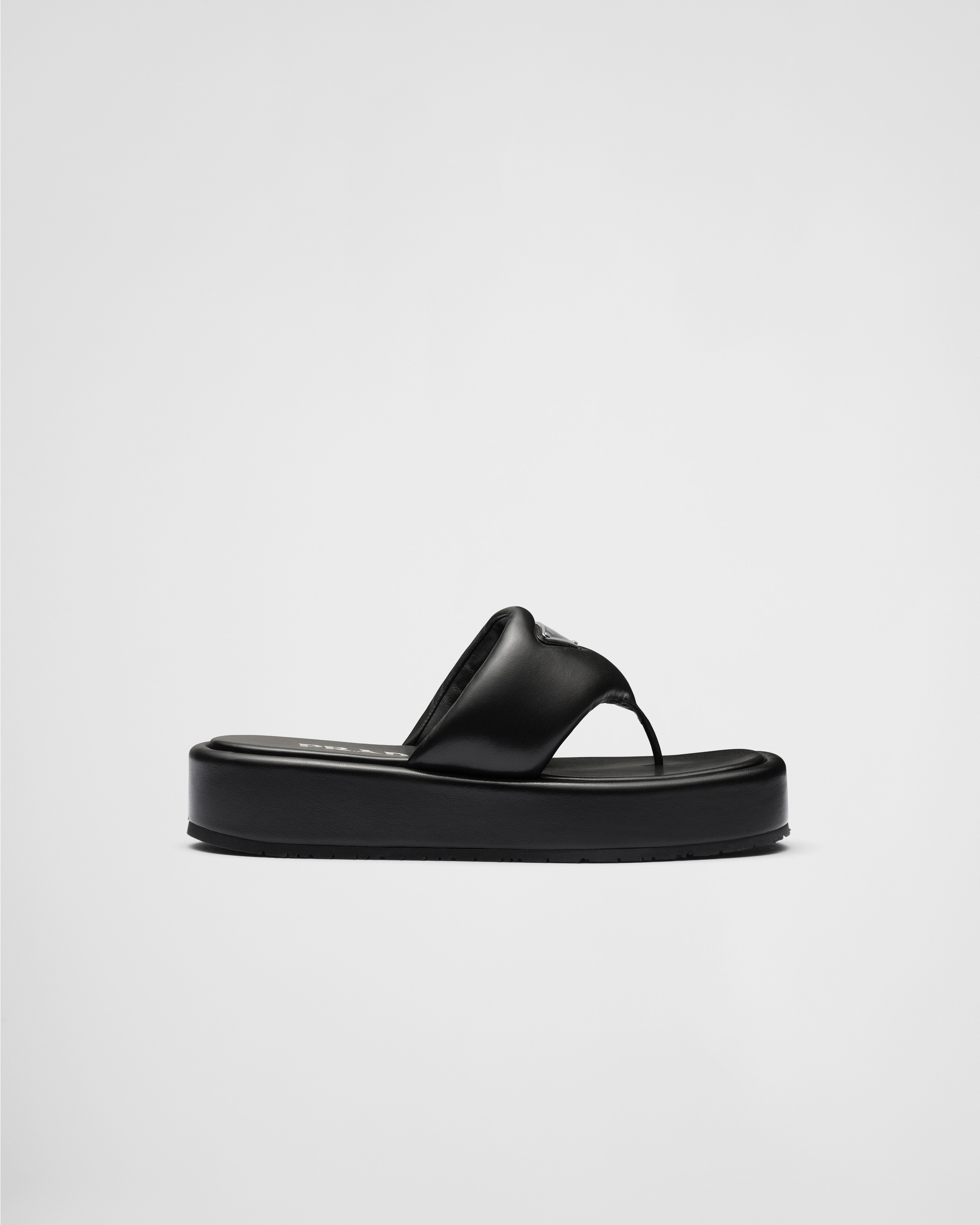 Prada Soft Padded 35mm Thong Wedge Sandals Black Nappa Leather | lupon