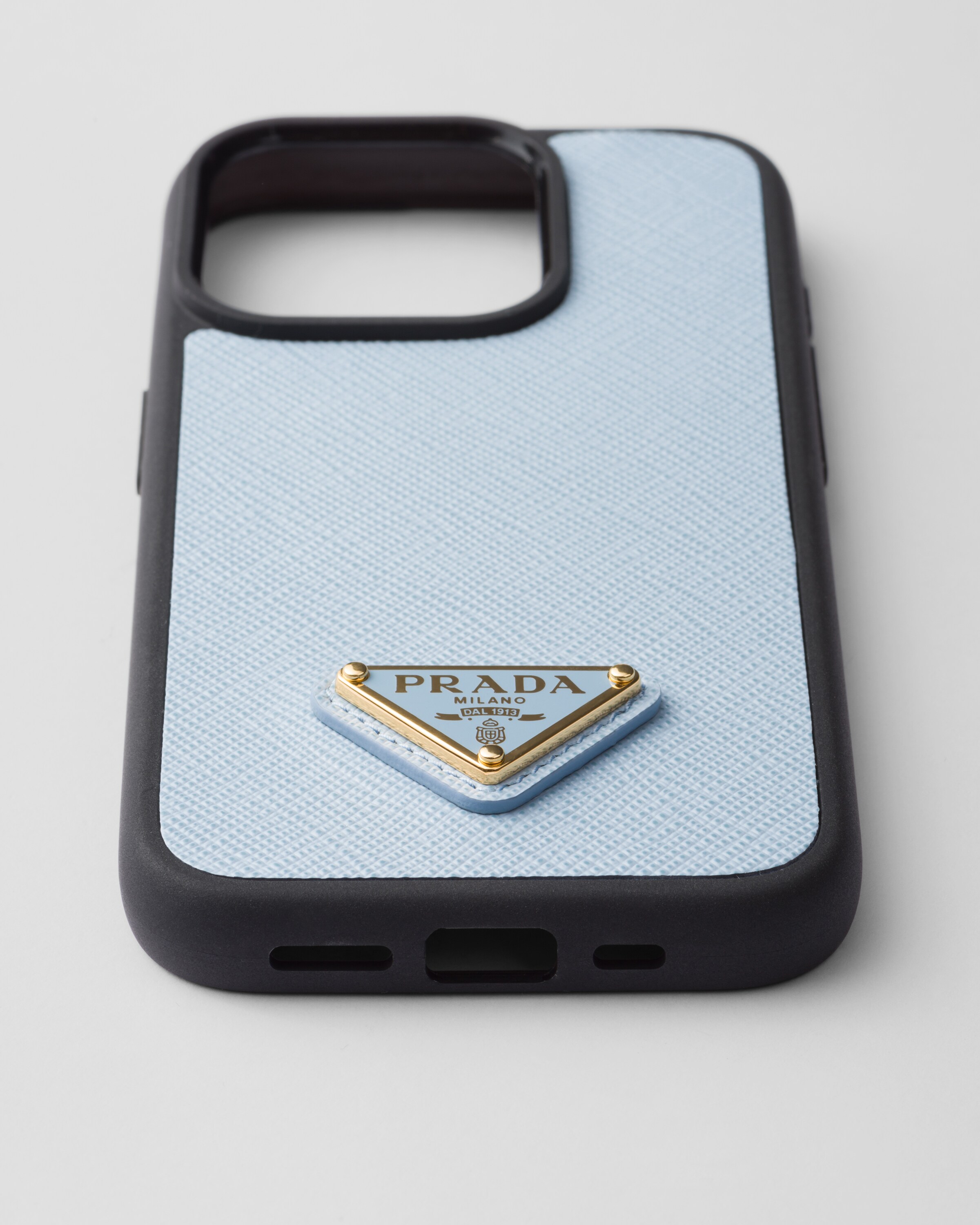 Shop Prada Iphone-15-pro-hülle Aus Saffiano-leder In Light Blue