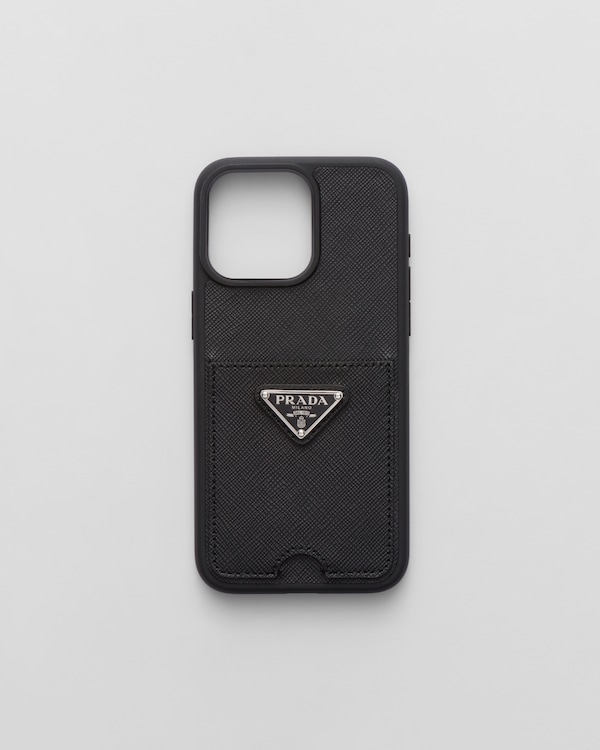 Light Blue Saffiano leather cover for iPhone 15 Pro Max | PRADA