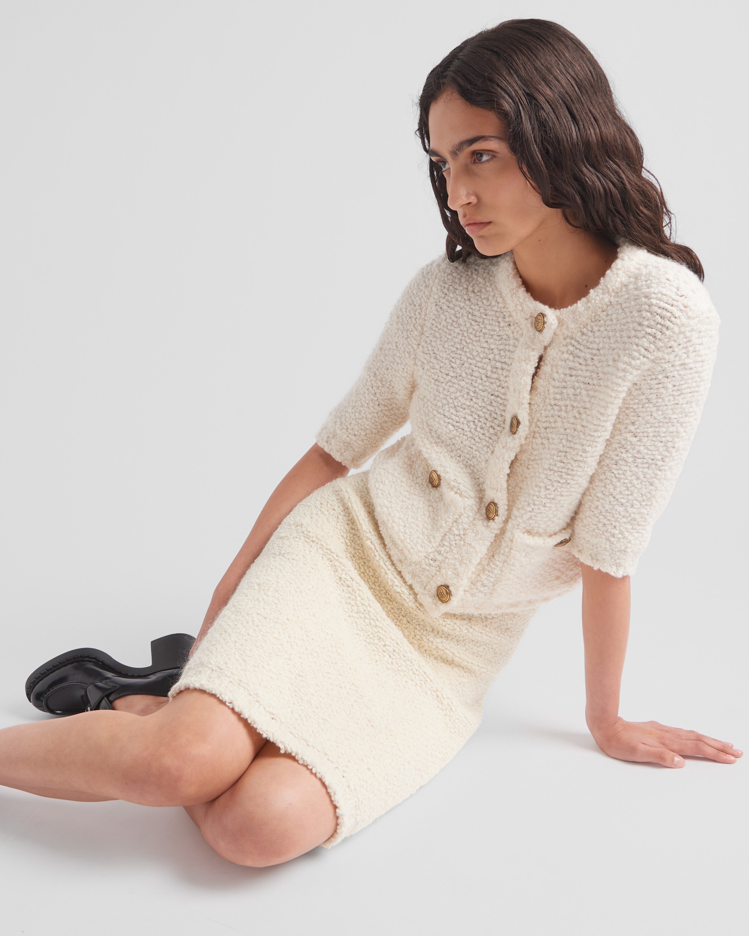 White Bouclé Mohair Knit Skirt | PRADA