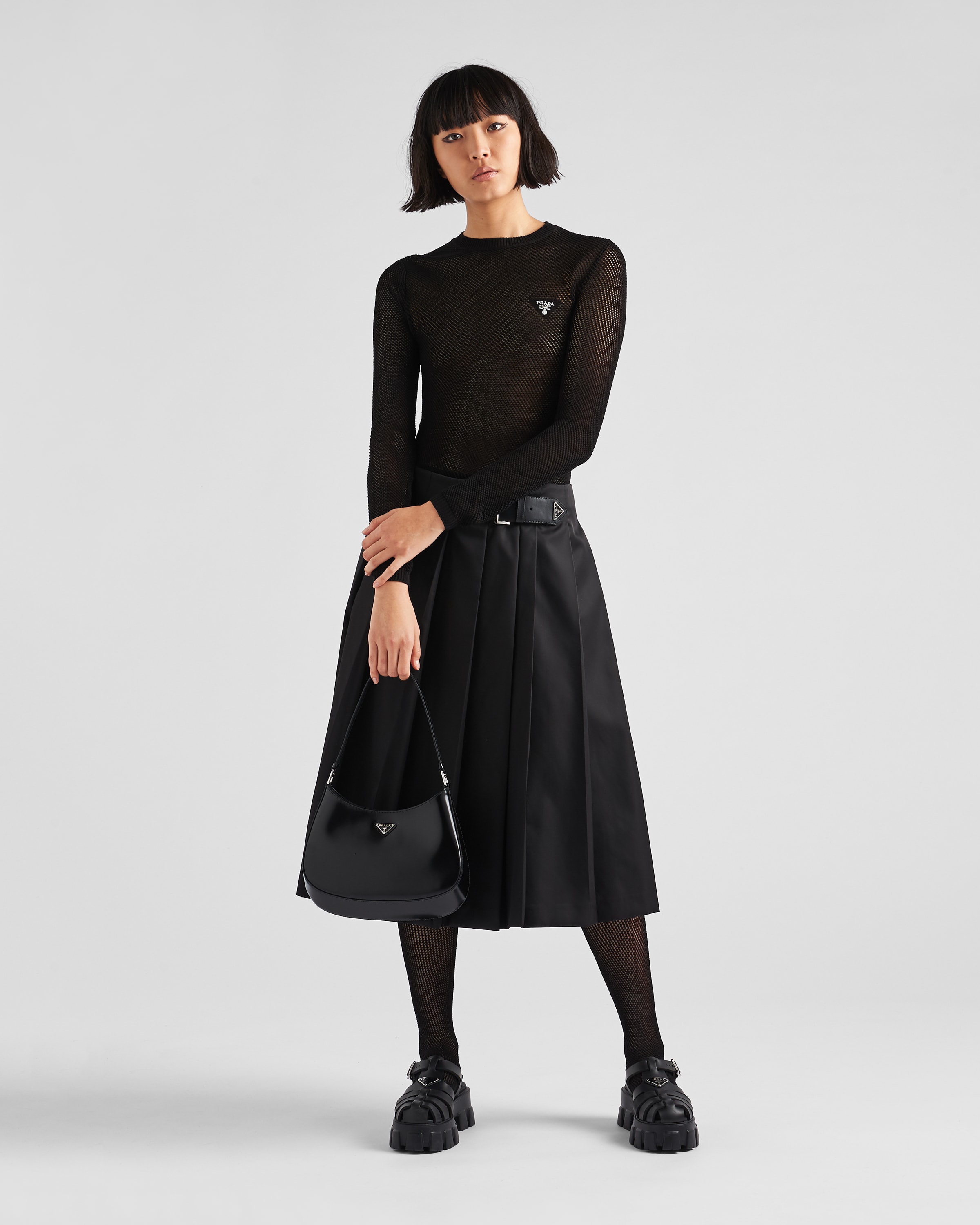 Prada // Black Logo Plaque Pleated Re-Nylon Skirt – VSP Consignment