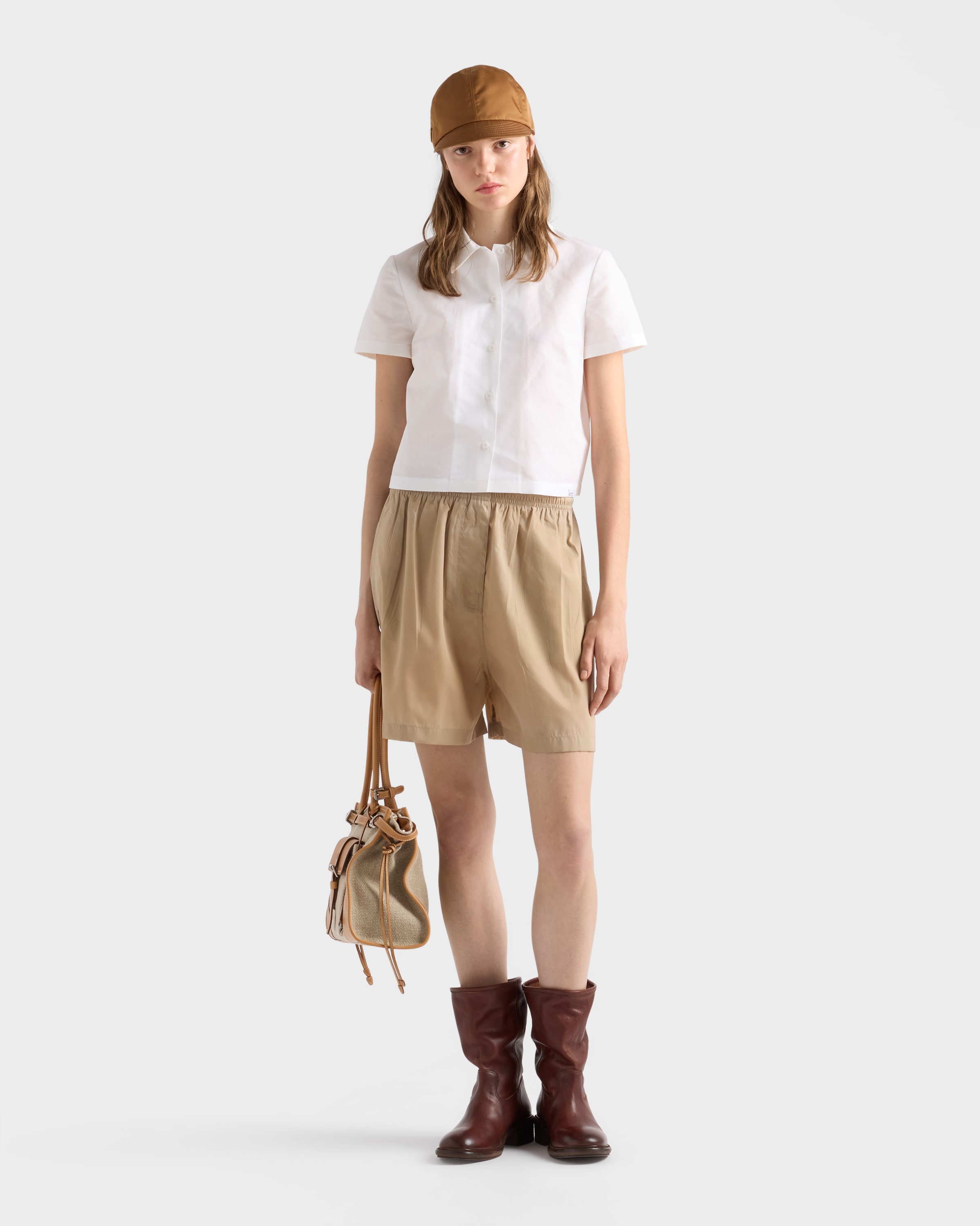 Camel Brown Washed Re-Nylon shorts | PRADA - United States