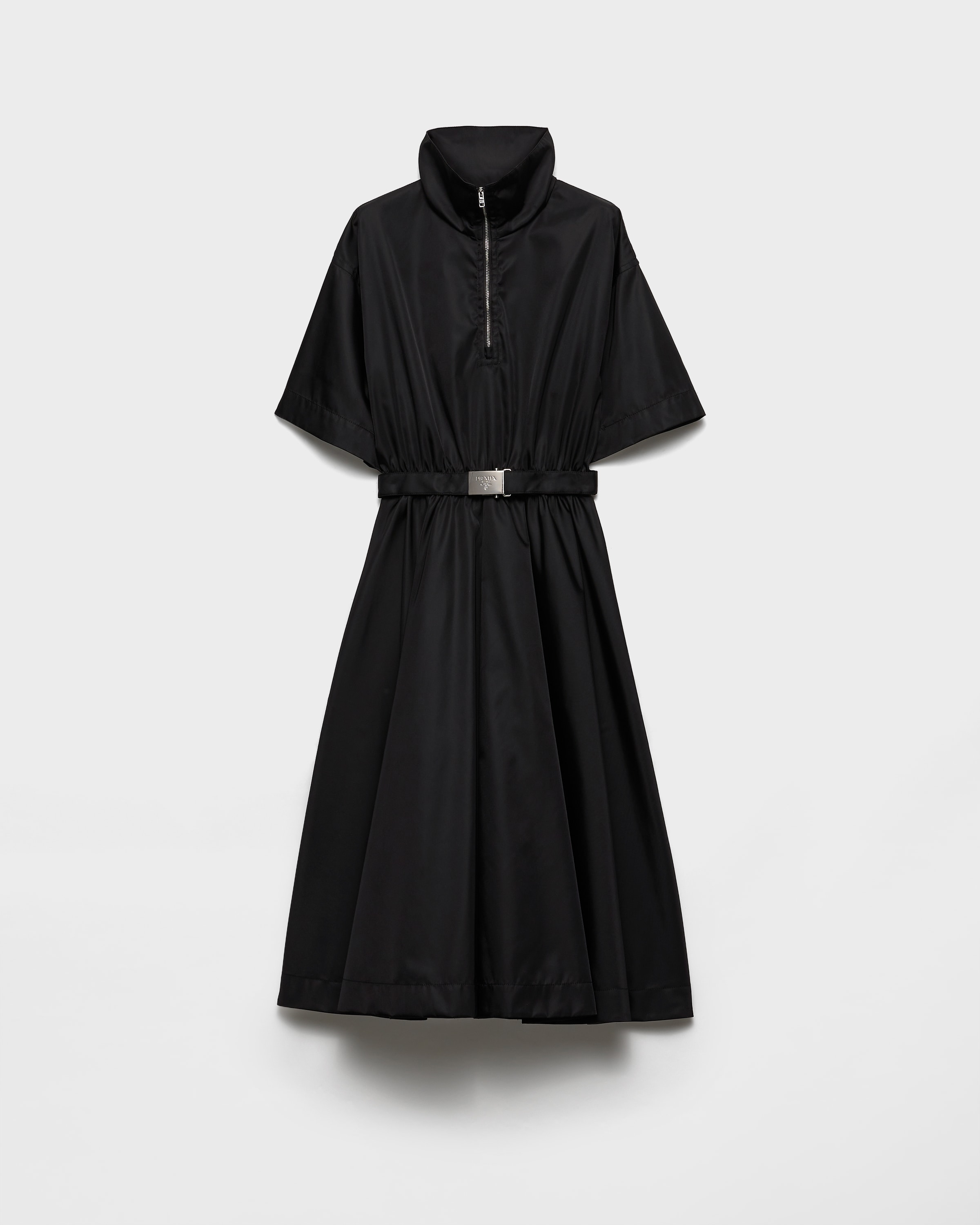 Black Short-sleeved Re-Nylon midi-dress | PRADA