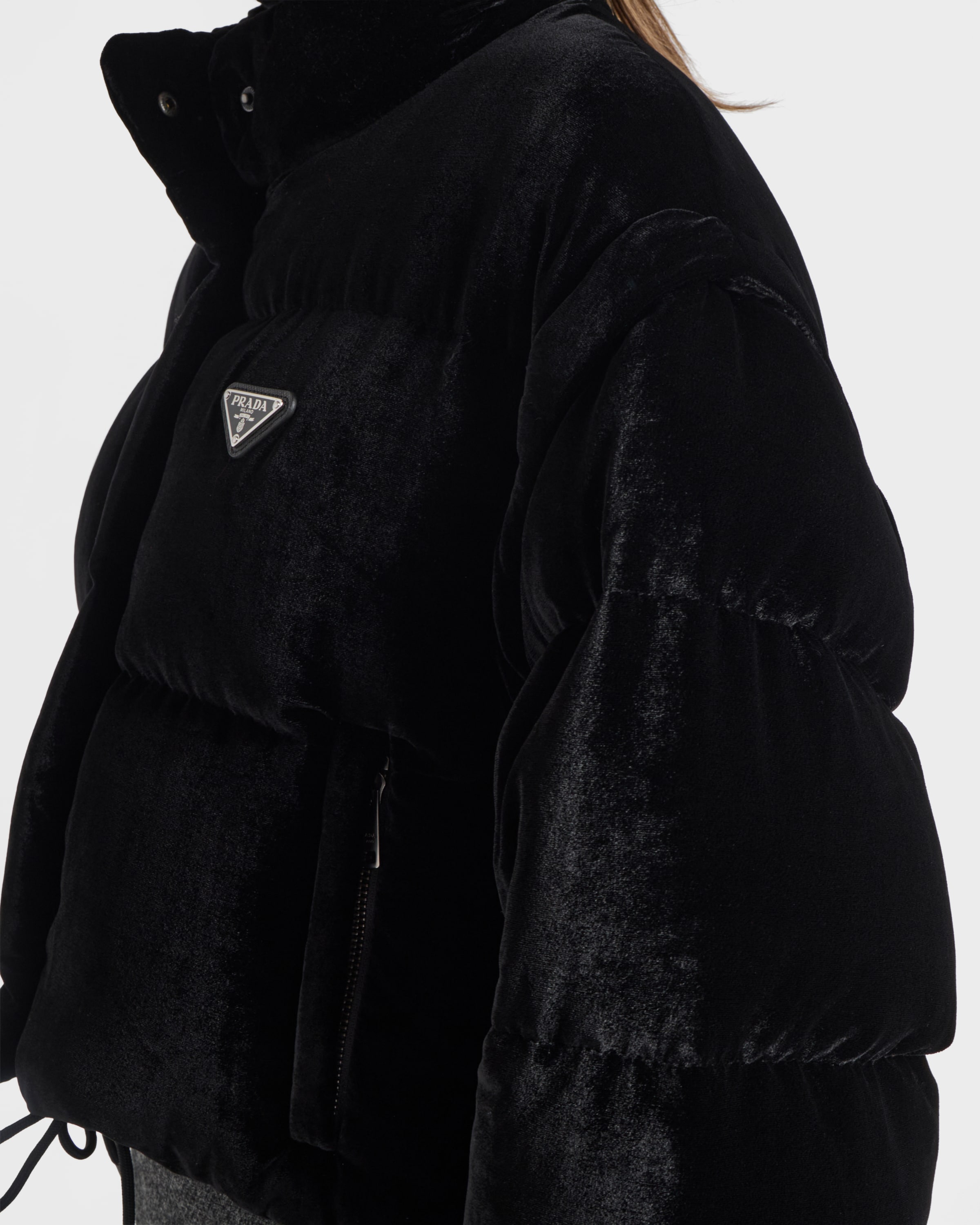 Black Convertible Cropped Velvet Down Jacket | PRADA