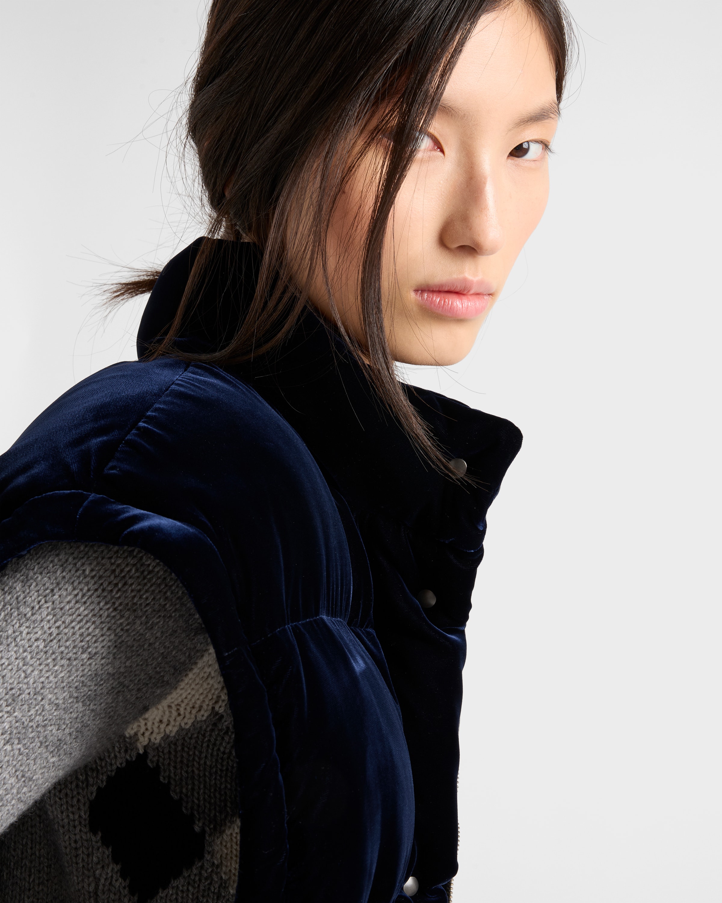 Prada Womens Blue Logo-embellished Velvet Down Jacket In Blue