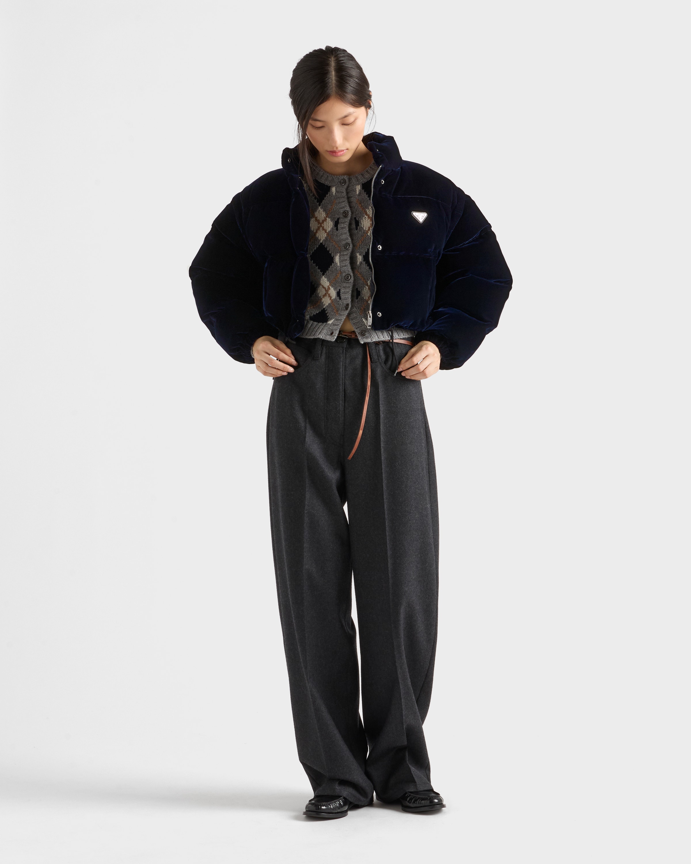 Prada Womens Blue Logo-embellished Velvet Down Jacket In Blue