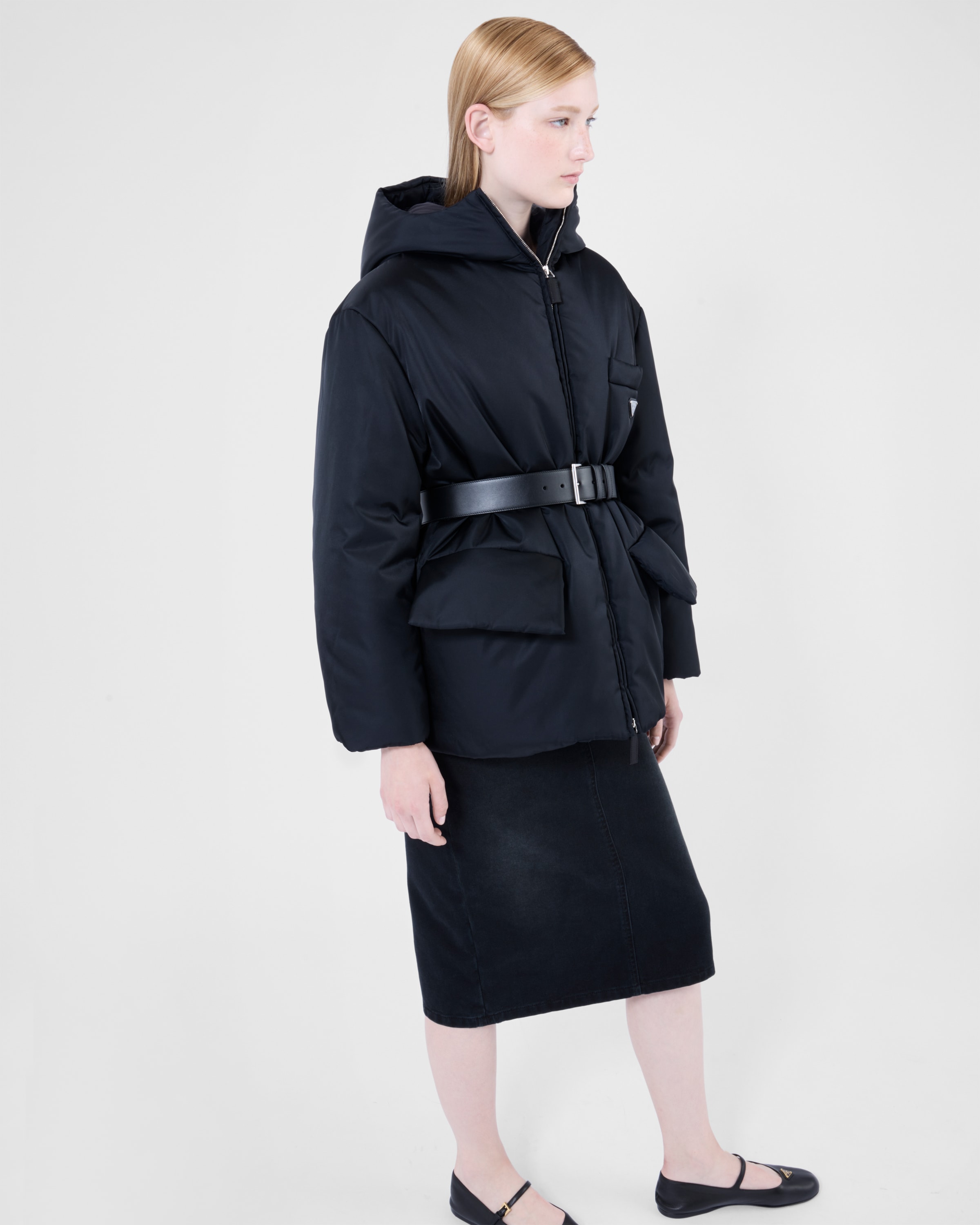 Black Re-Nylon hooded down jacket | Prada