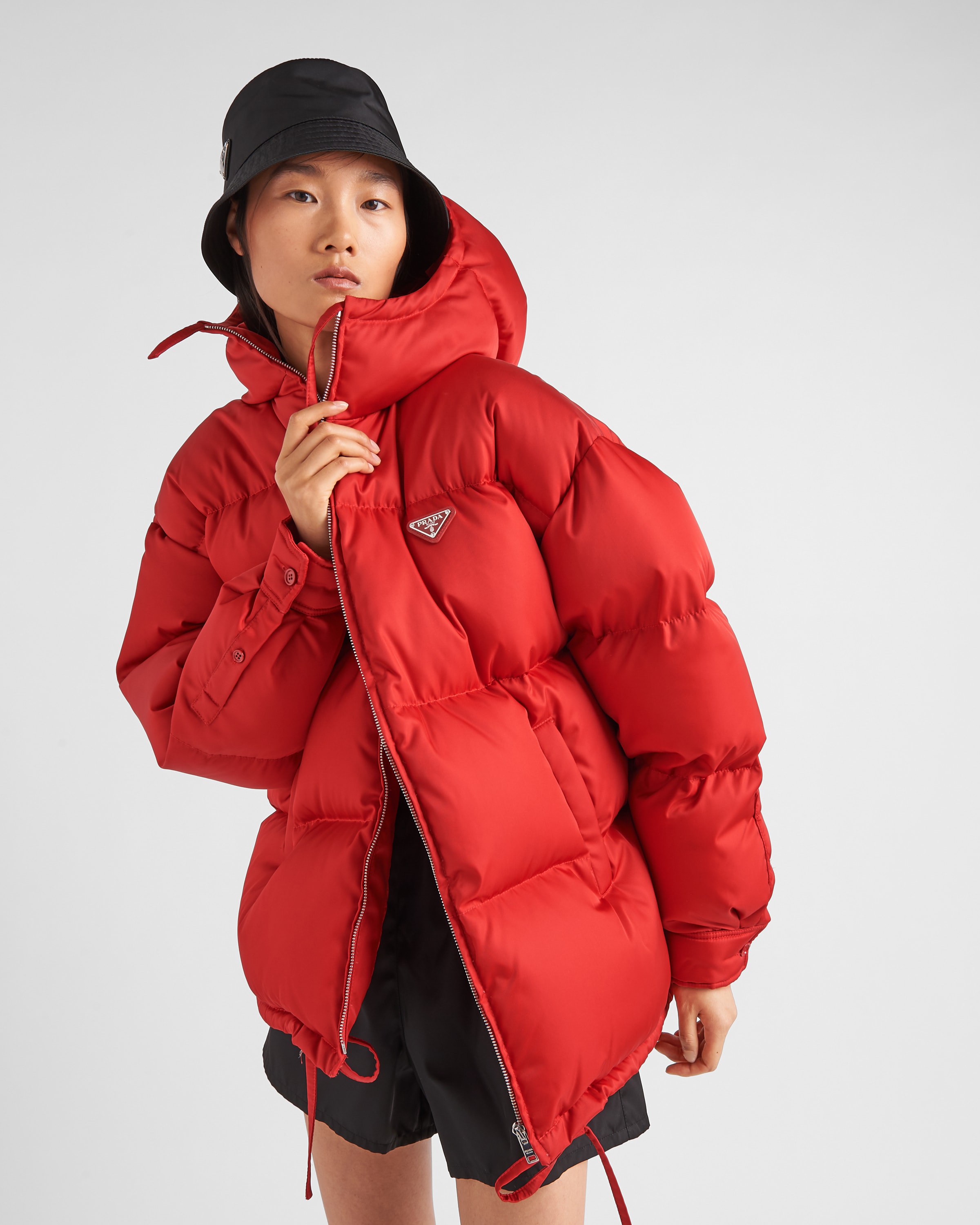 Red Re-Nylon hooded down jacket | Prada