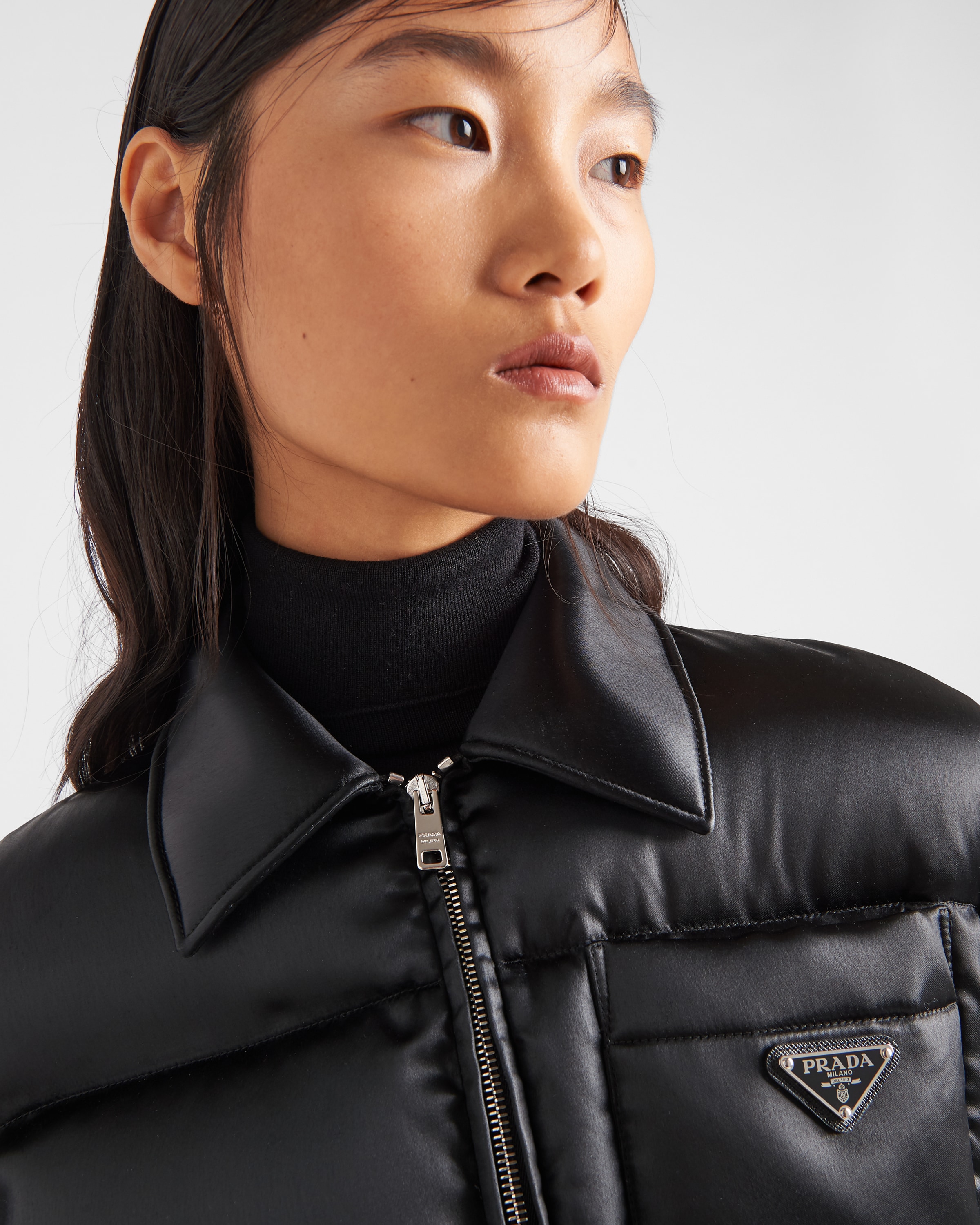 Black Ciré cropped down jacket | Prada