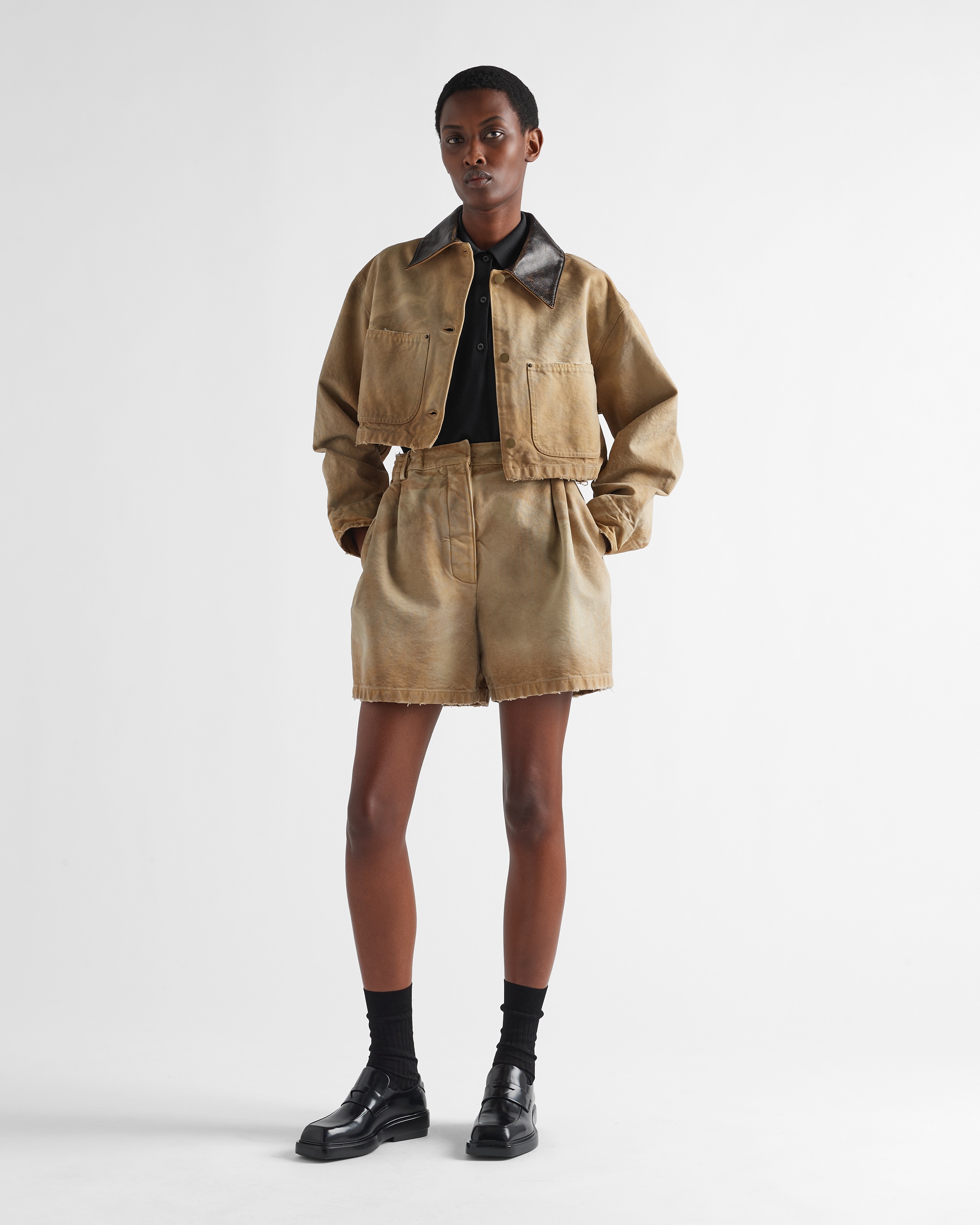 Shop Prada Cropped Canvas Jacket In Beige