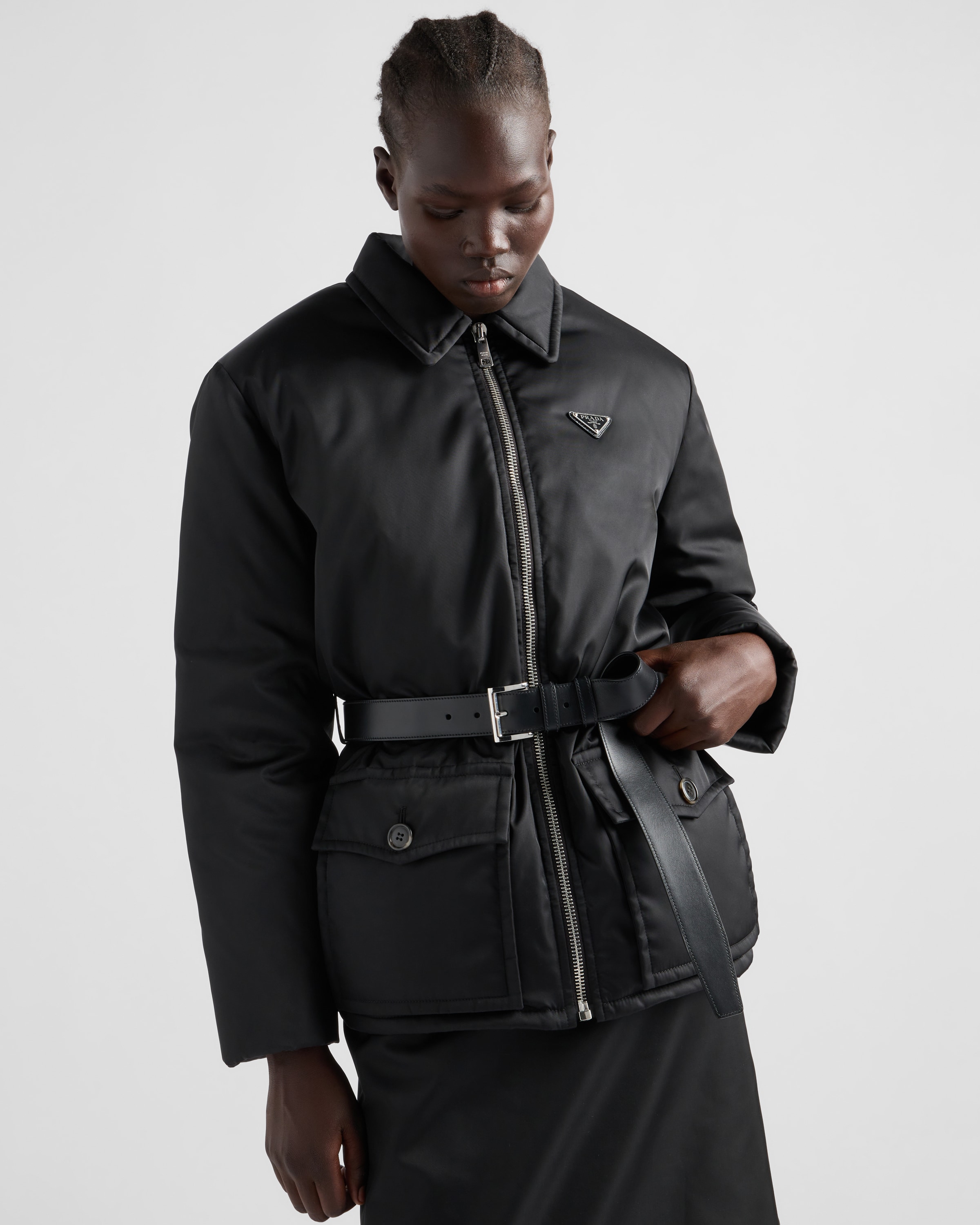 Black Re nylon Down Jacket With Belt PRADA