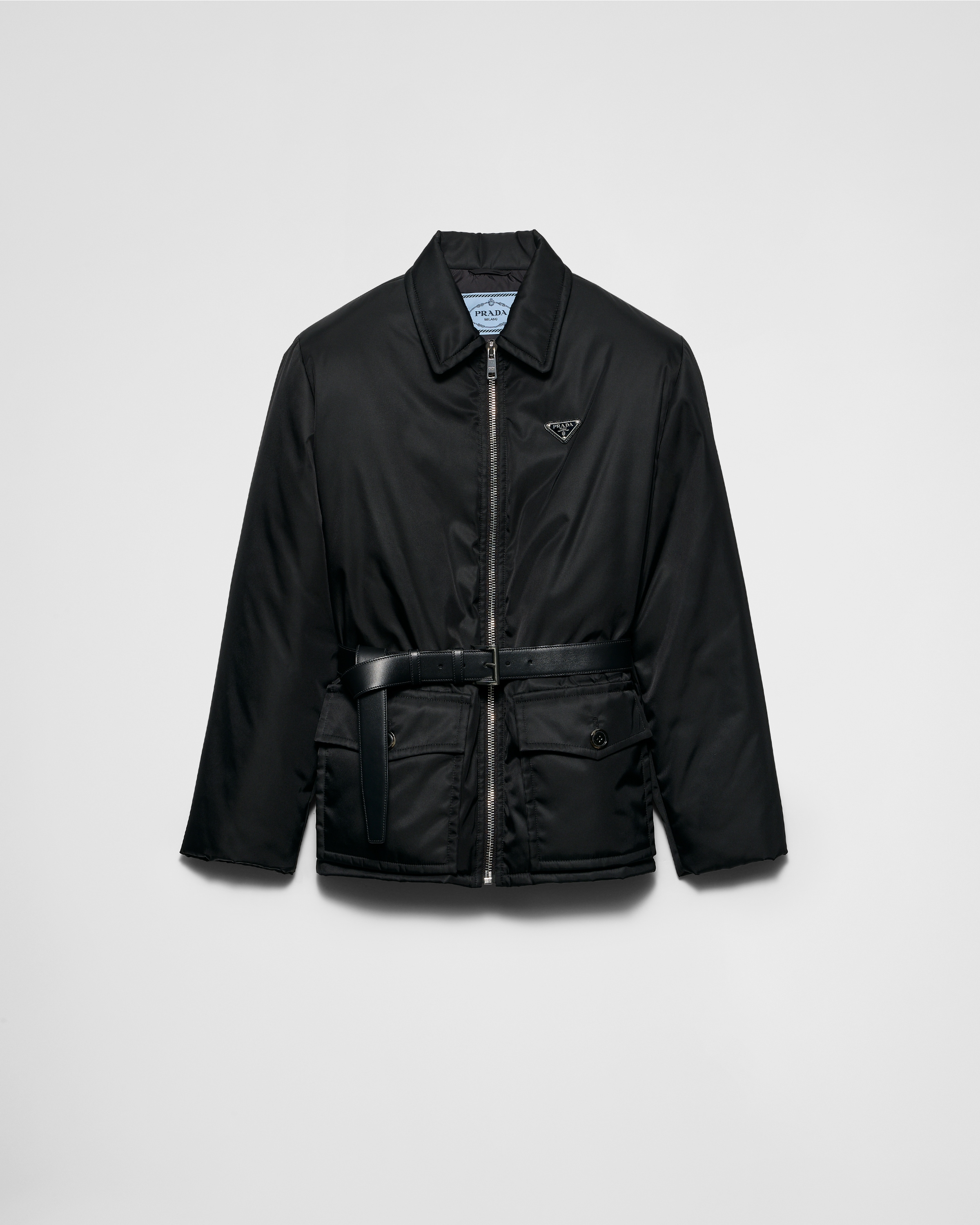 Prada Re-nylon Down Jacket With Belt In Schwarz