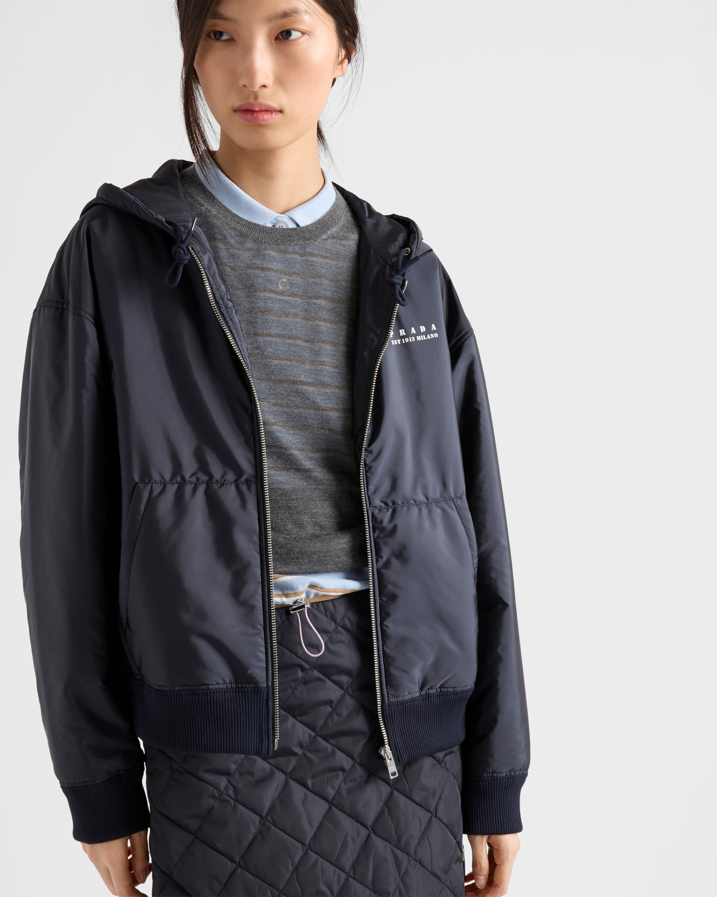 Navy Lightweight Re-Nylon hooded blouson jacket | PRADA