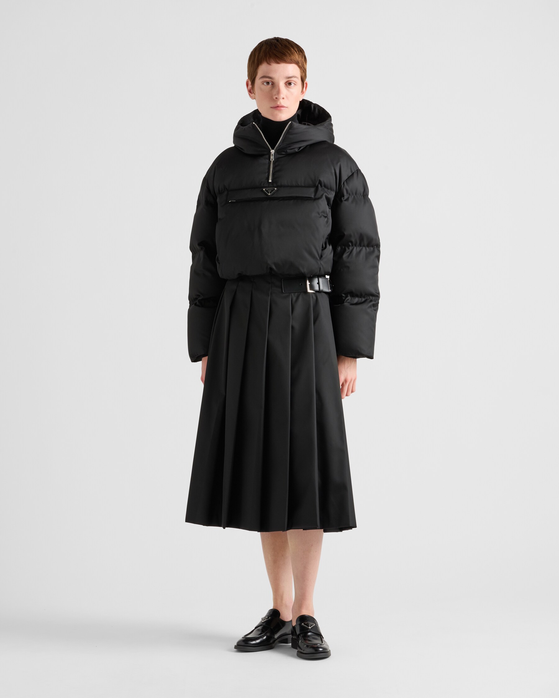 PRADA 21 years Nylon Triangle logo, triangle plate, high neck, long coat outer 291788 black 36