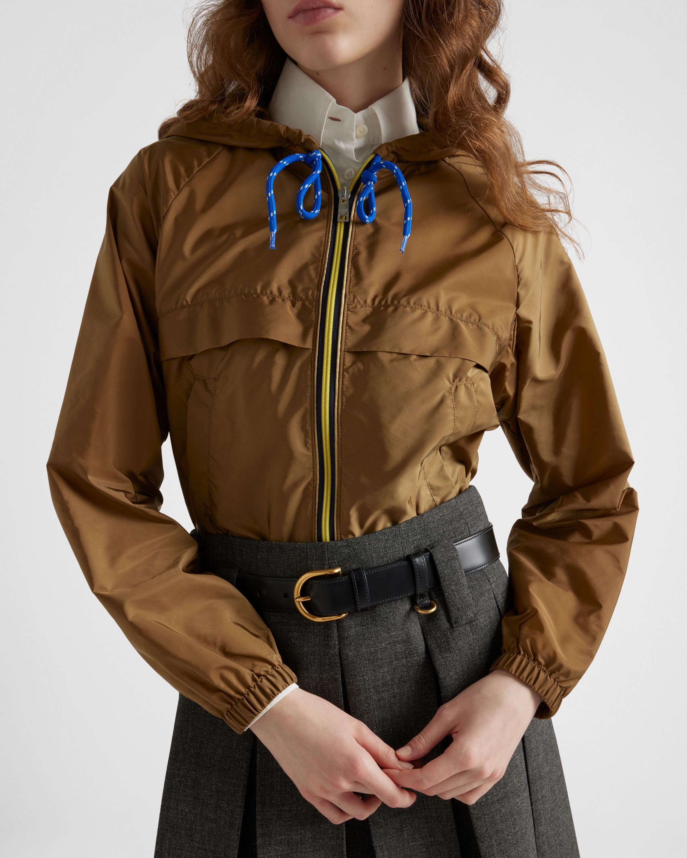 Prada Women Re-nylon Hooded Jacket With Contrast Trims In Korkbeige