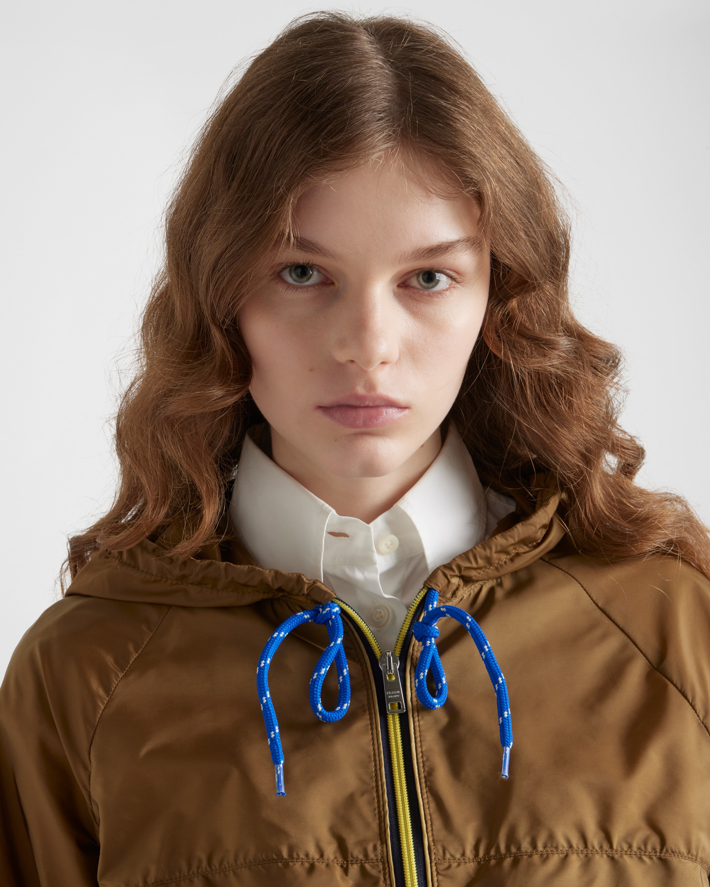 Prada Women Re-nylon Hooded Jacket With Contrast Trims In Korkbeige