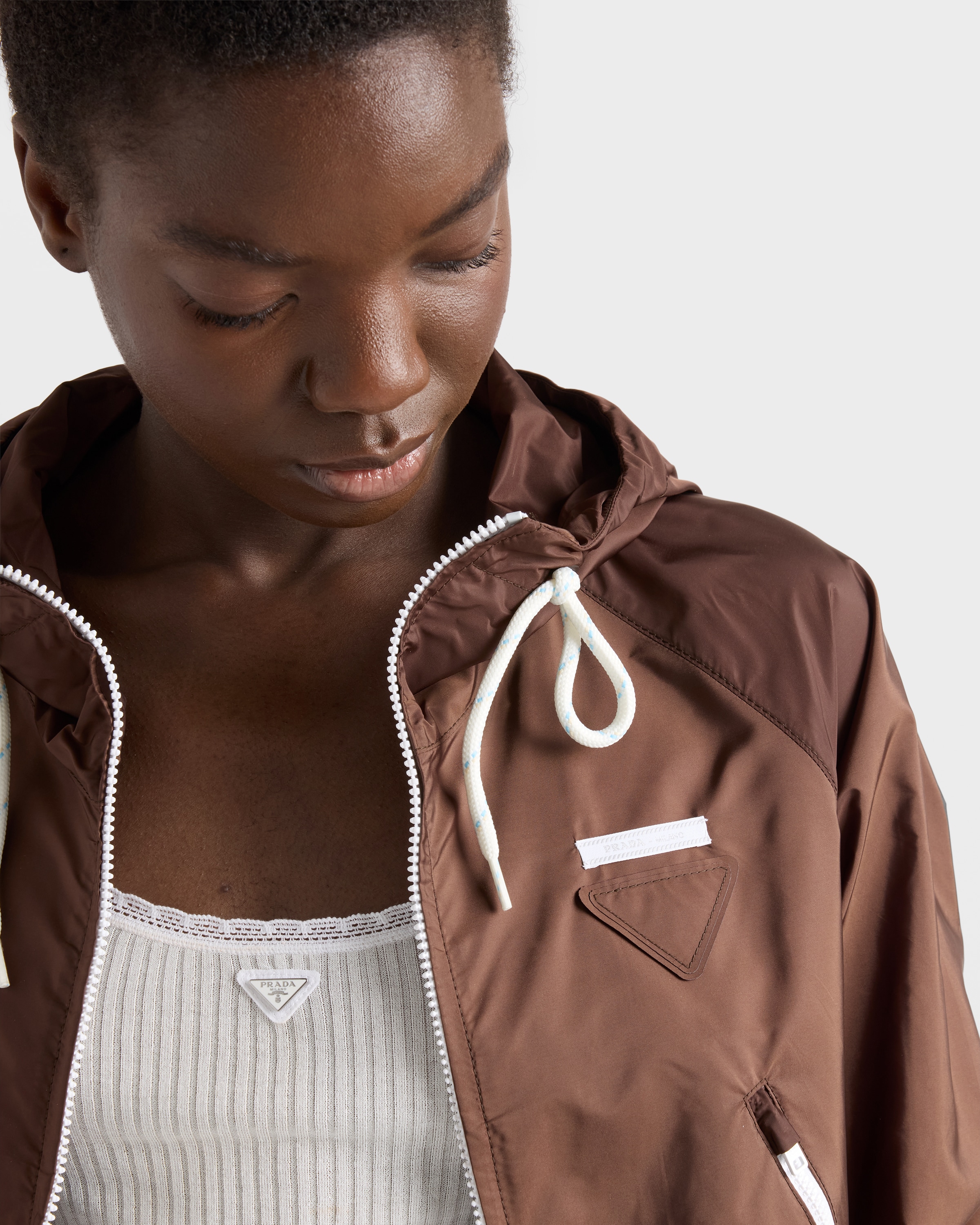 PRADA ハーフコート ダークブラウン　レディース Cocoa Brown Lightweight Re-Nylon blouson jacket | PRADA