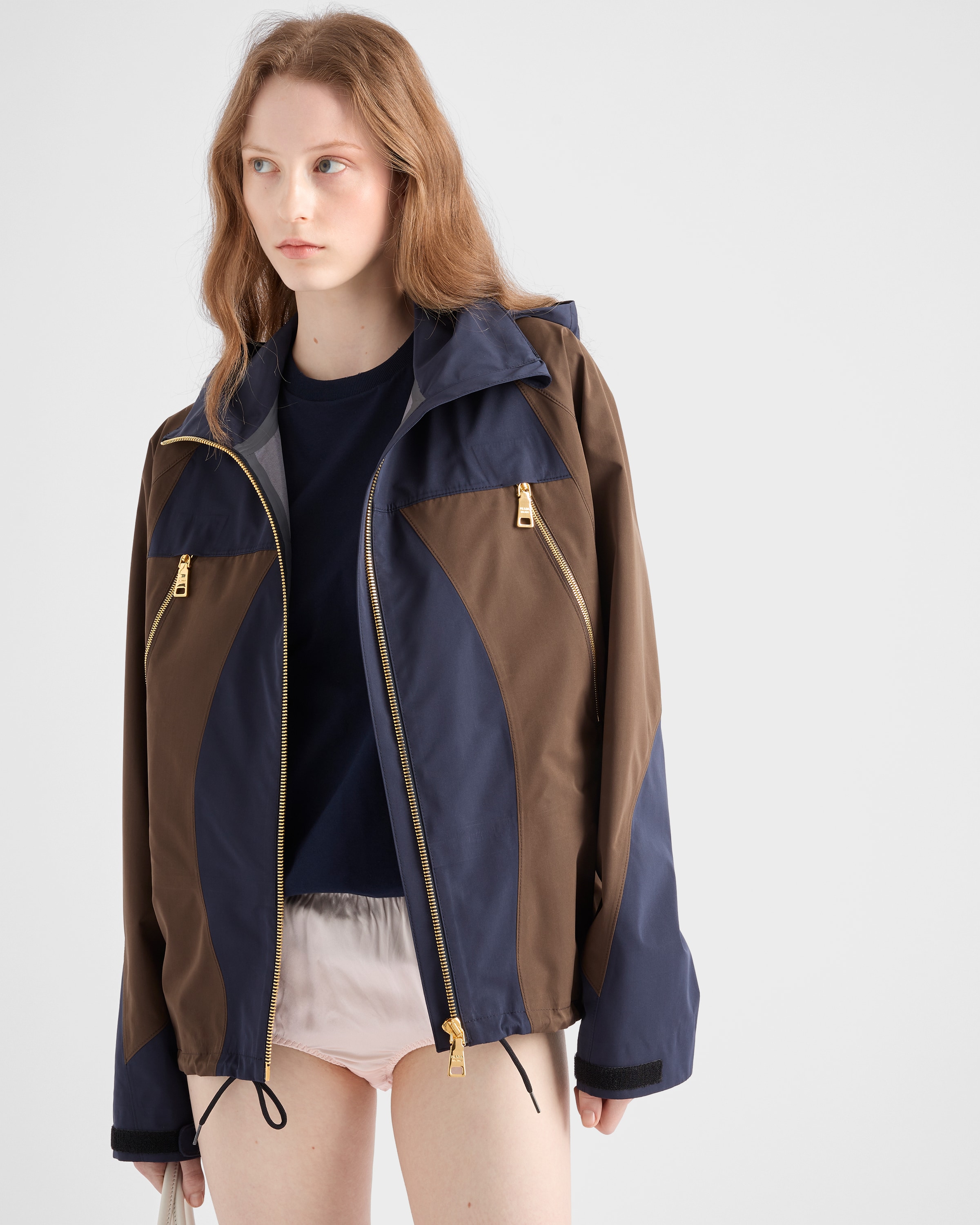 Prada Womens Blue Technical Hooded Woven Blouson Jacket