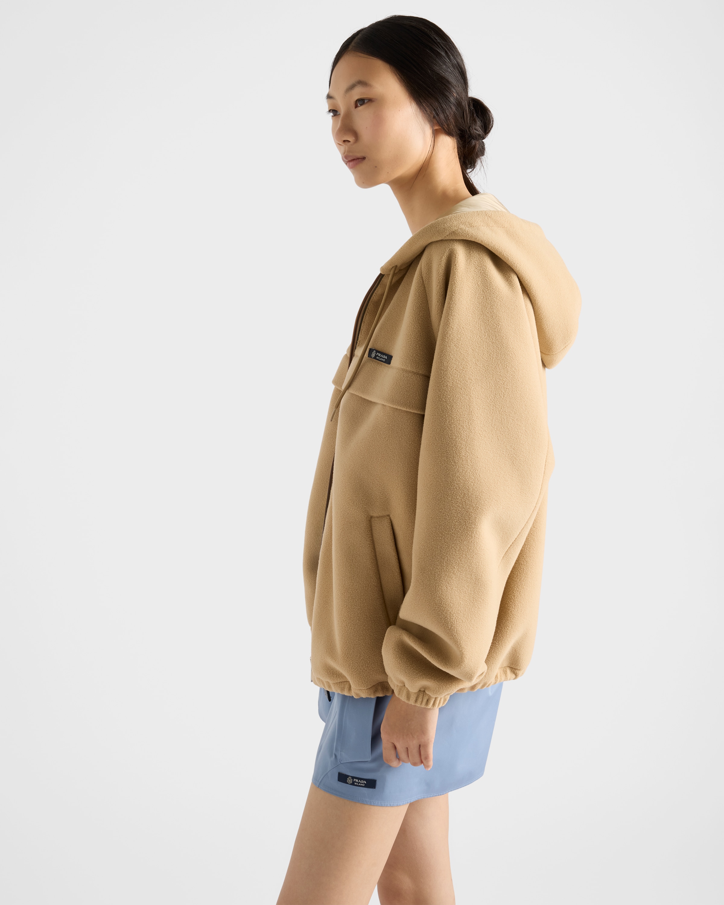 Camel Brown Technical Fleece Hoodie Jacket | PRADA