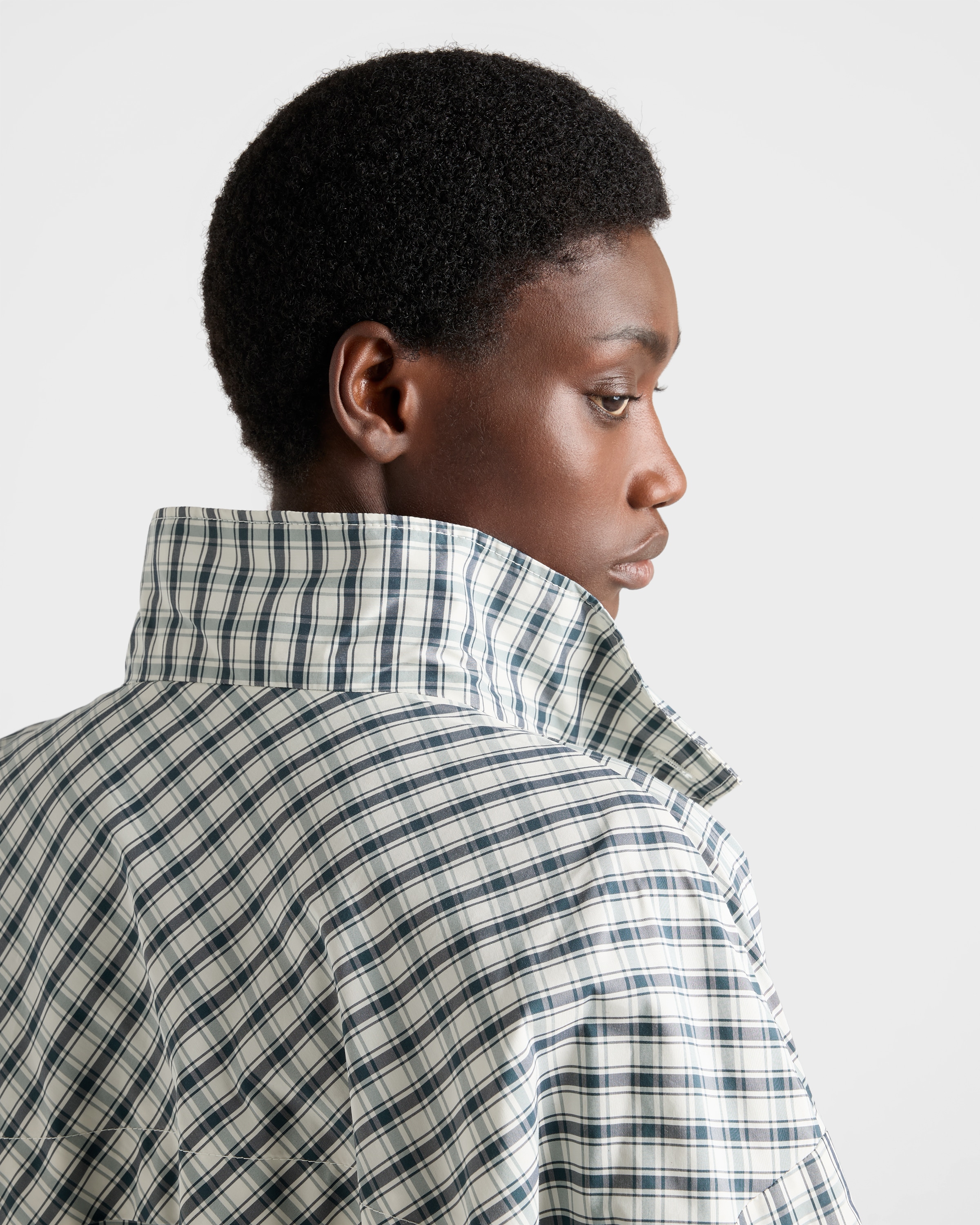 Ivory/Blue Checked chambray blouson jacket | PRADA - United States