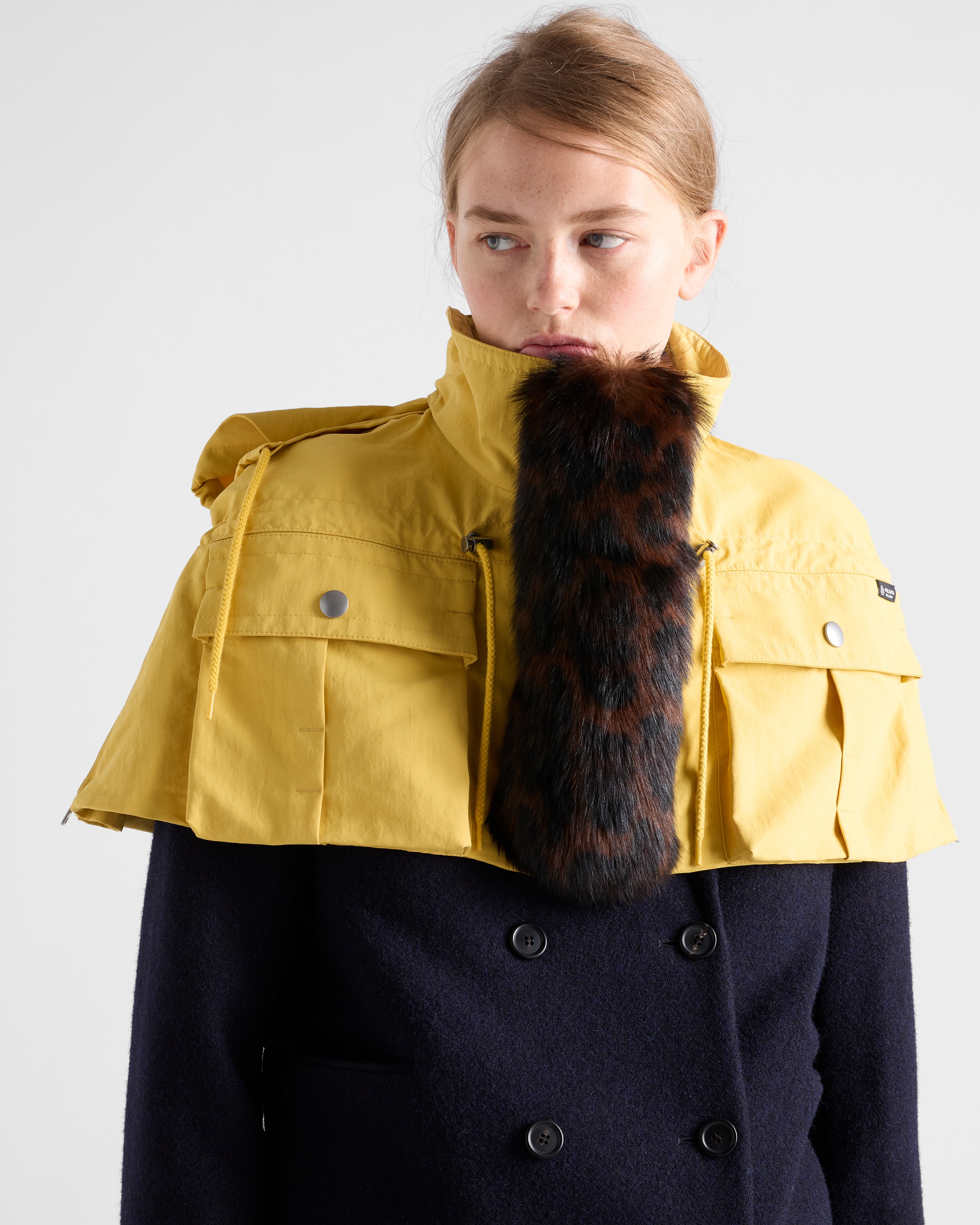 Yellow Technical Fabric Capelet With Shearling Trim | PRADA