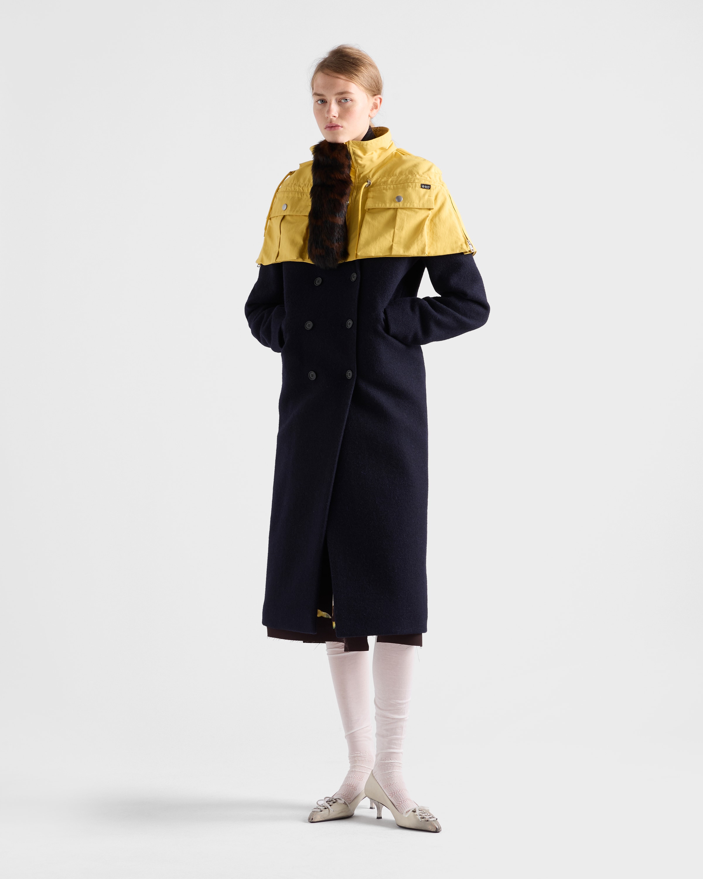 Yellow Technical Fabric Capelet With Shearling Trim | PRADA