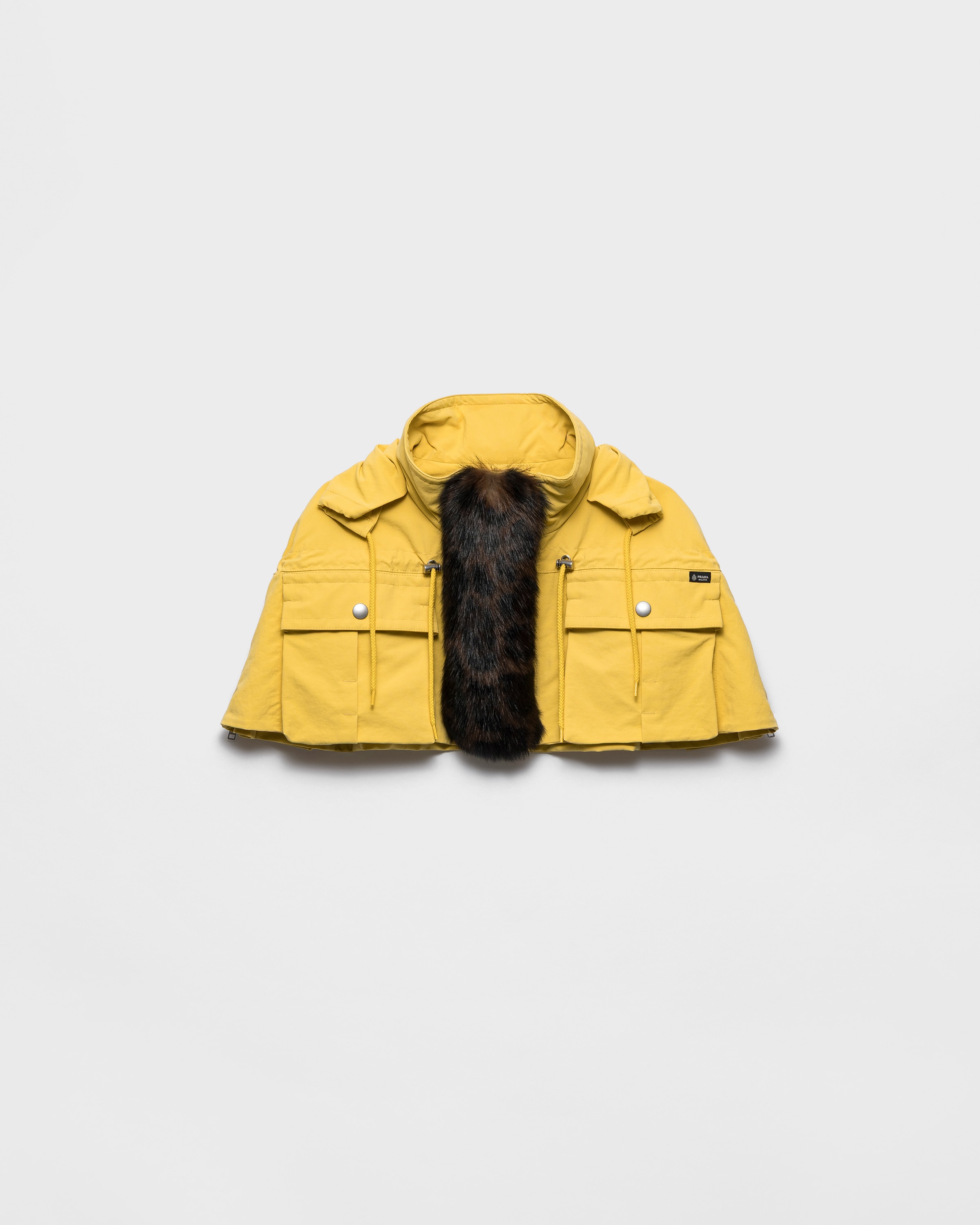 Yellow Technical Fabric Capelet With Shearling Trim | PRADA