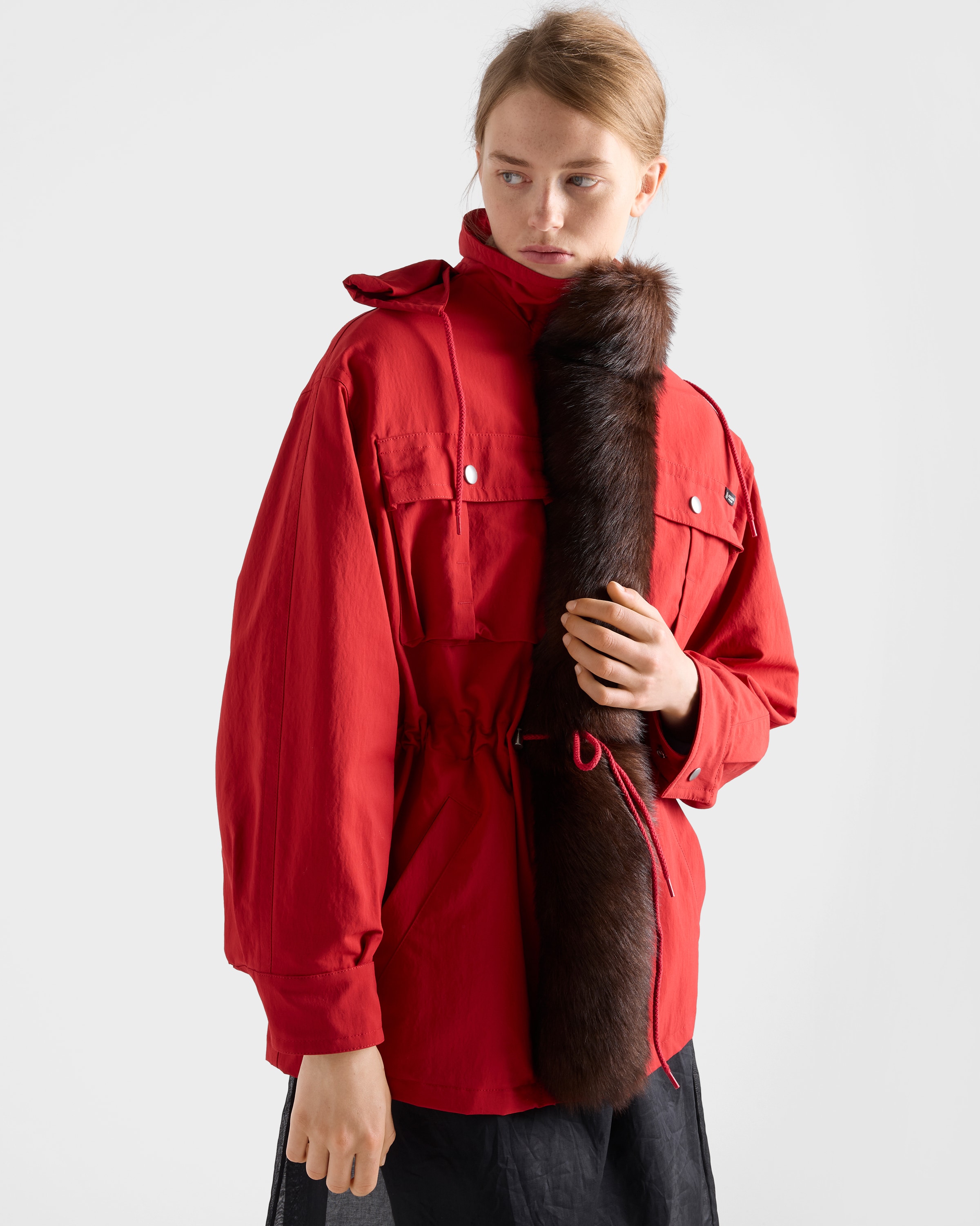 Red Technical Fabric Parka With Shearling Trim | PRADA - United States