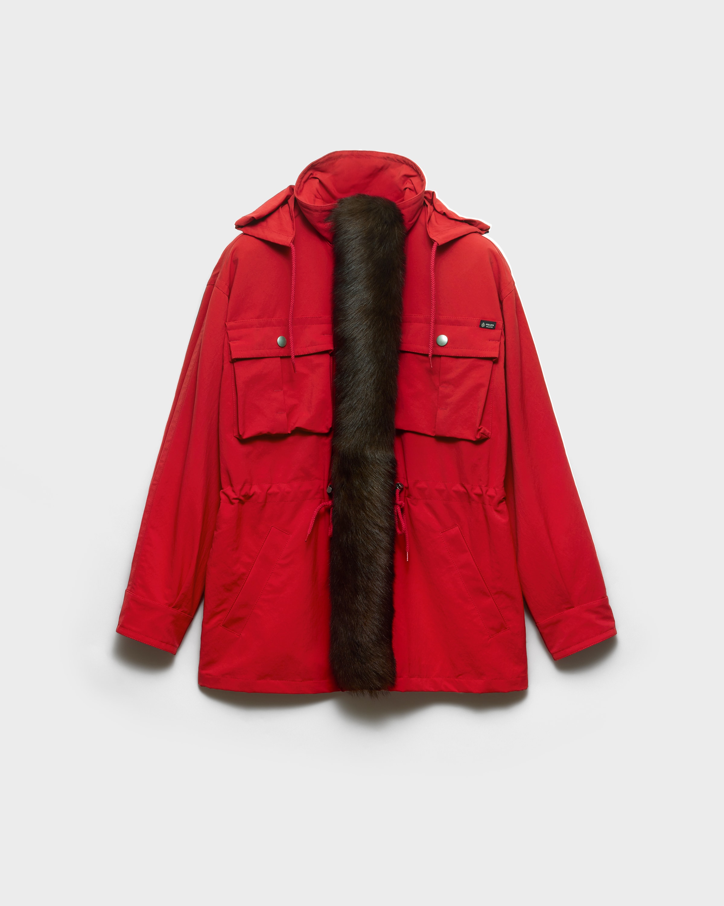 Red Technical Fabric Parka With Shearling Trim | PRADA - United States