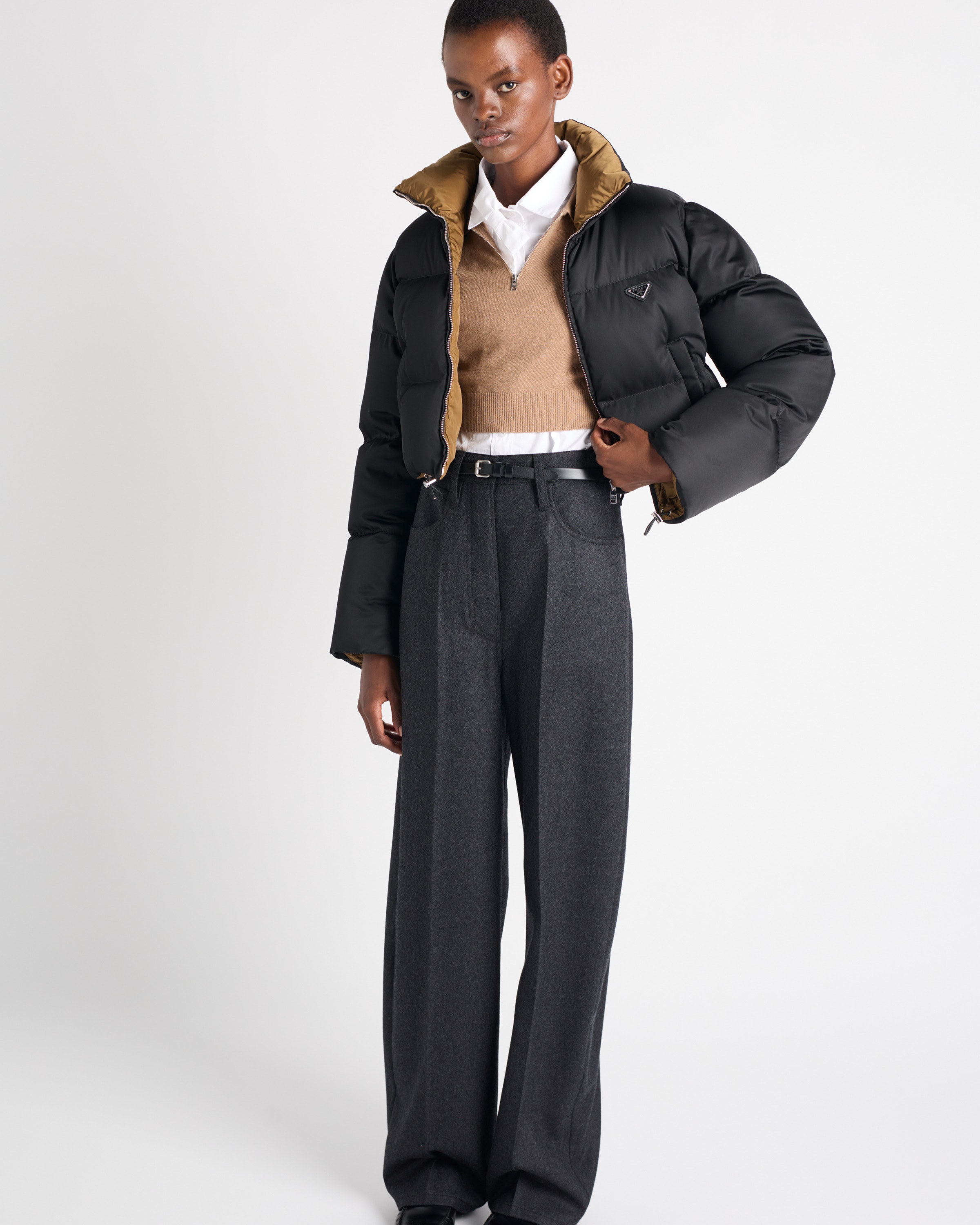Black Cropped Re-Nylon down jacket | PRADA