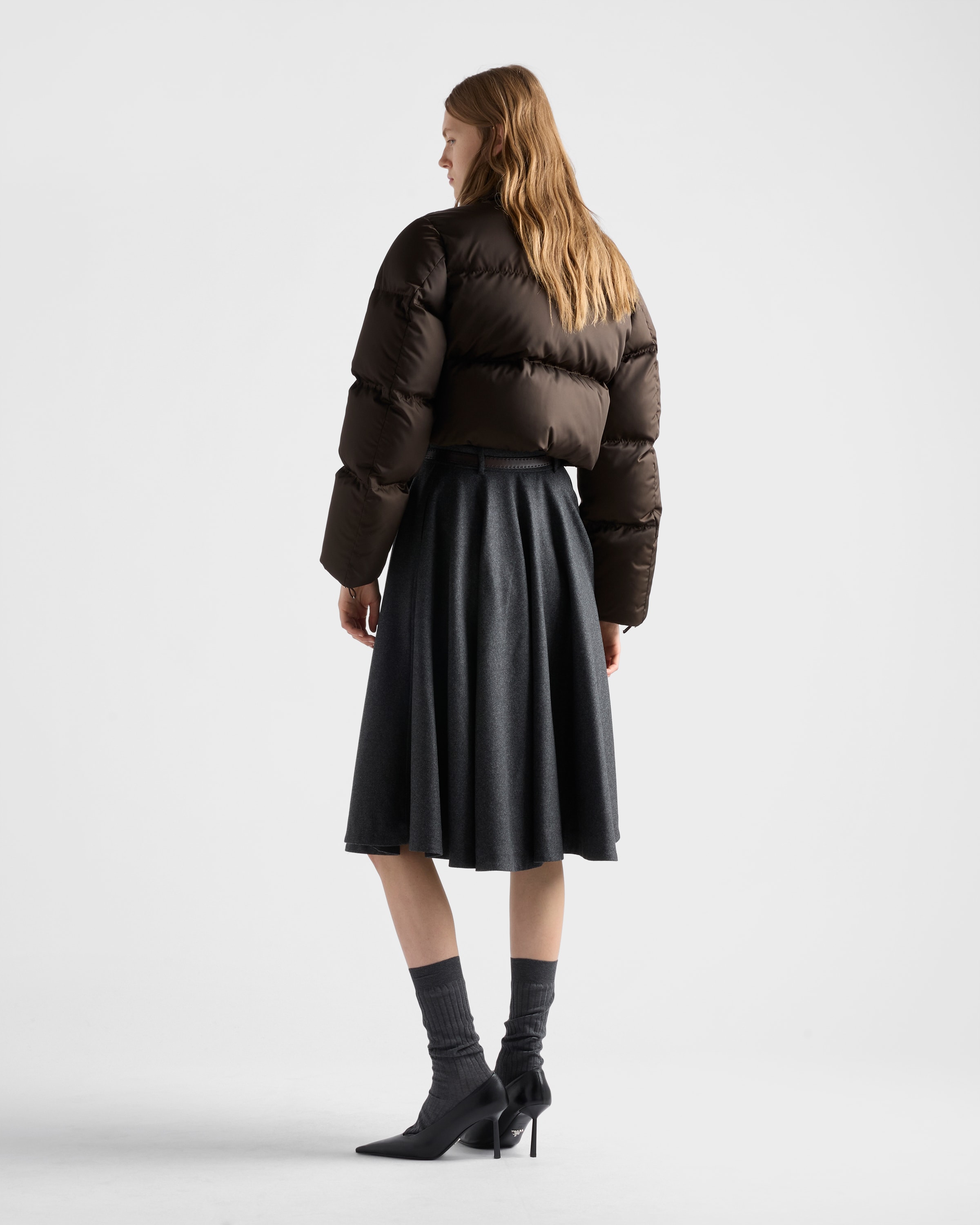 Cocoa Brown Cropped Re-nylon Down Jacket | PRADA - Japan