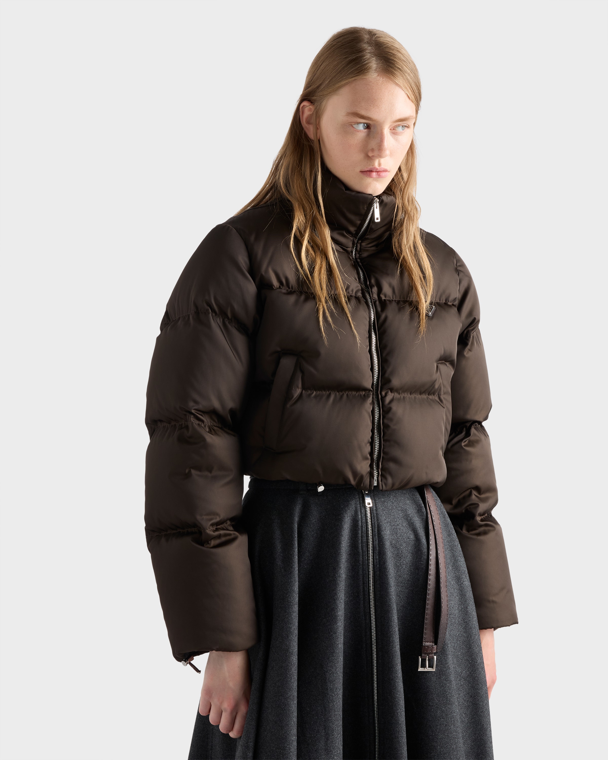 Cocoa Brown Cropped Re-nylon Down Jacket | PRADA - United States