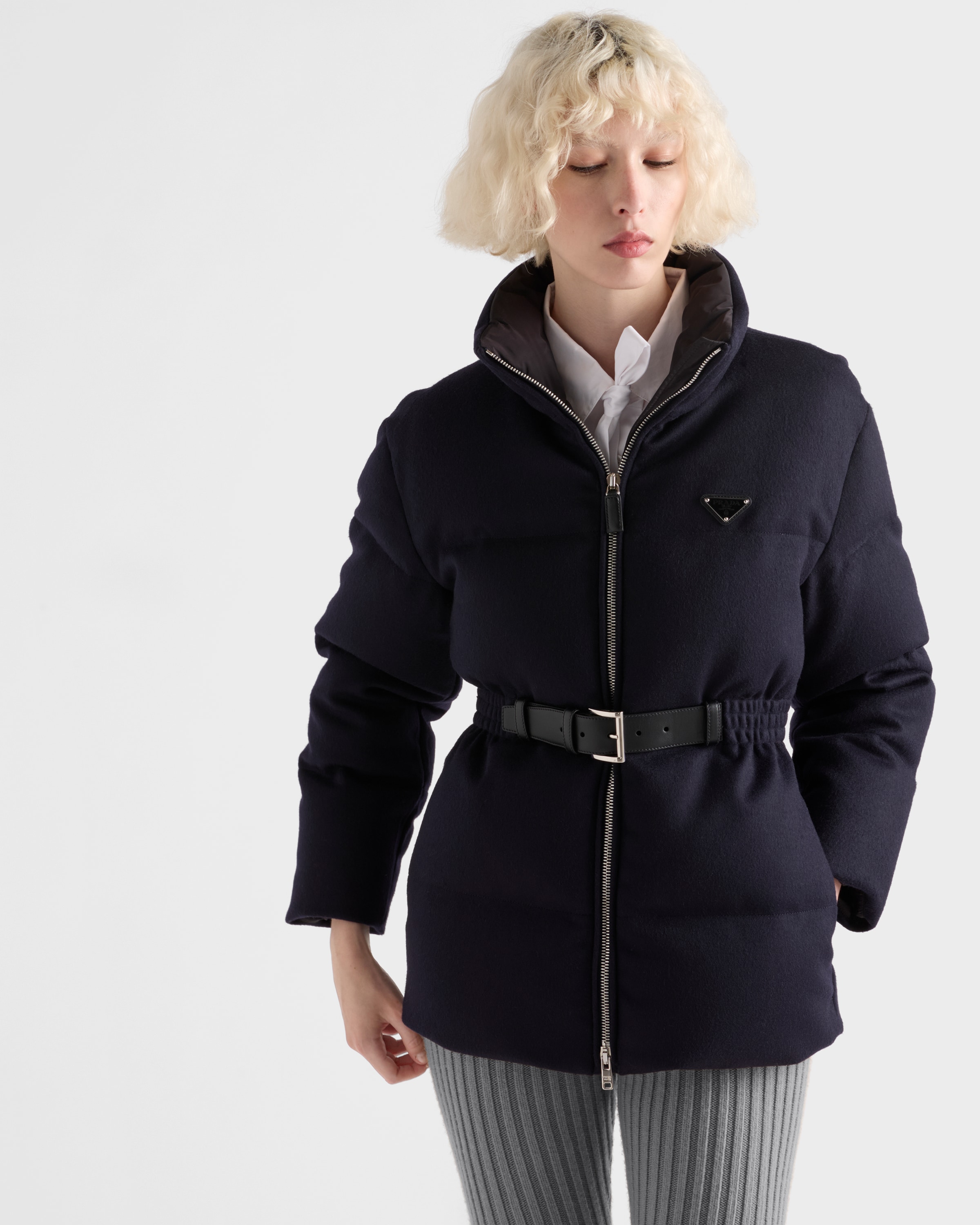 Prada Womens Blue Loden Belted Shell-down Puffer Jacket In Blue