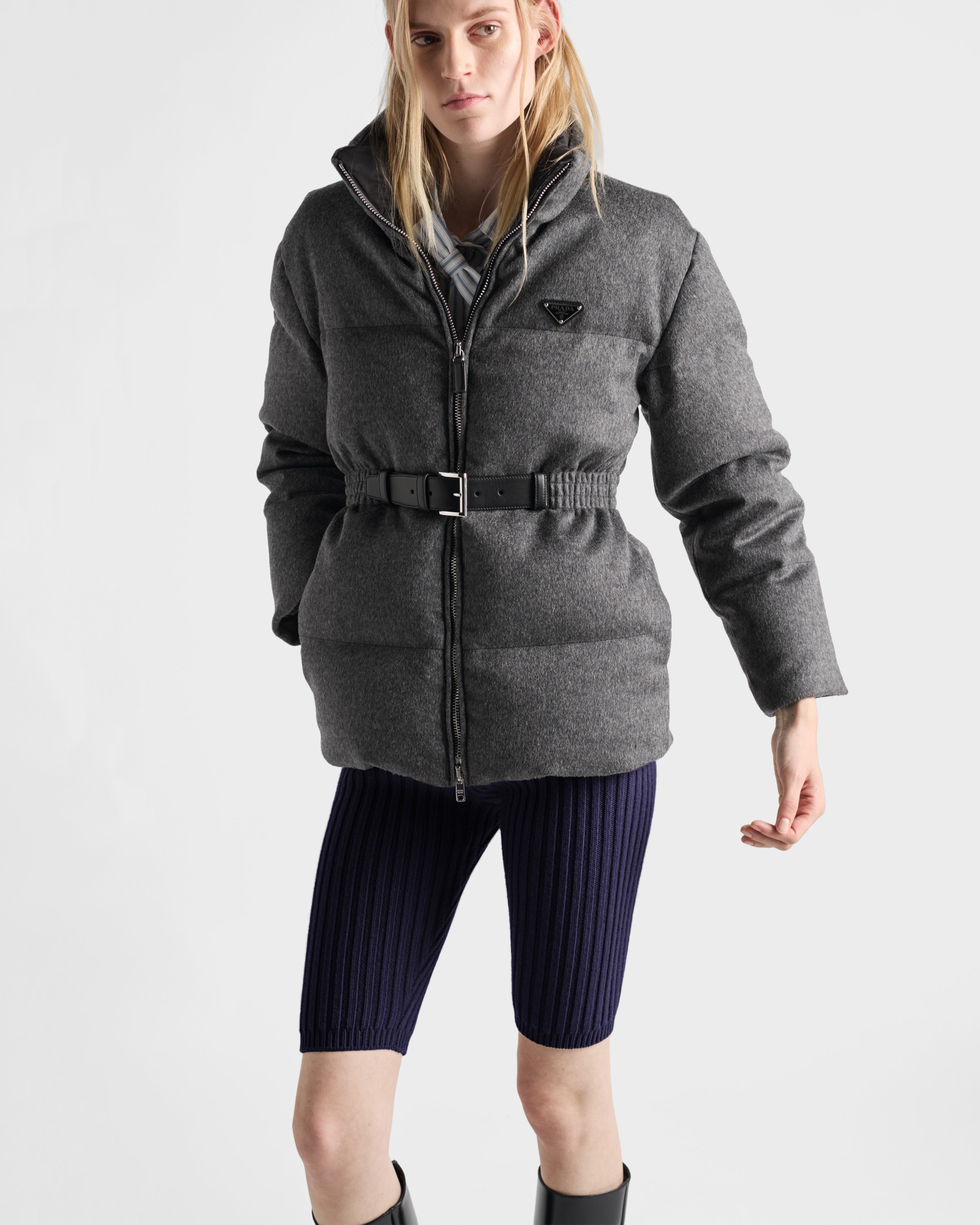 Prada Womens Grey Loden Belted Shell-down Puffer Jacket In Gray