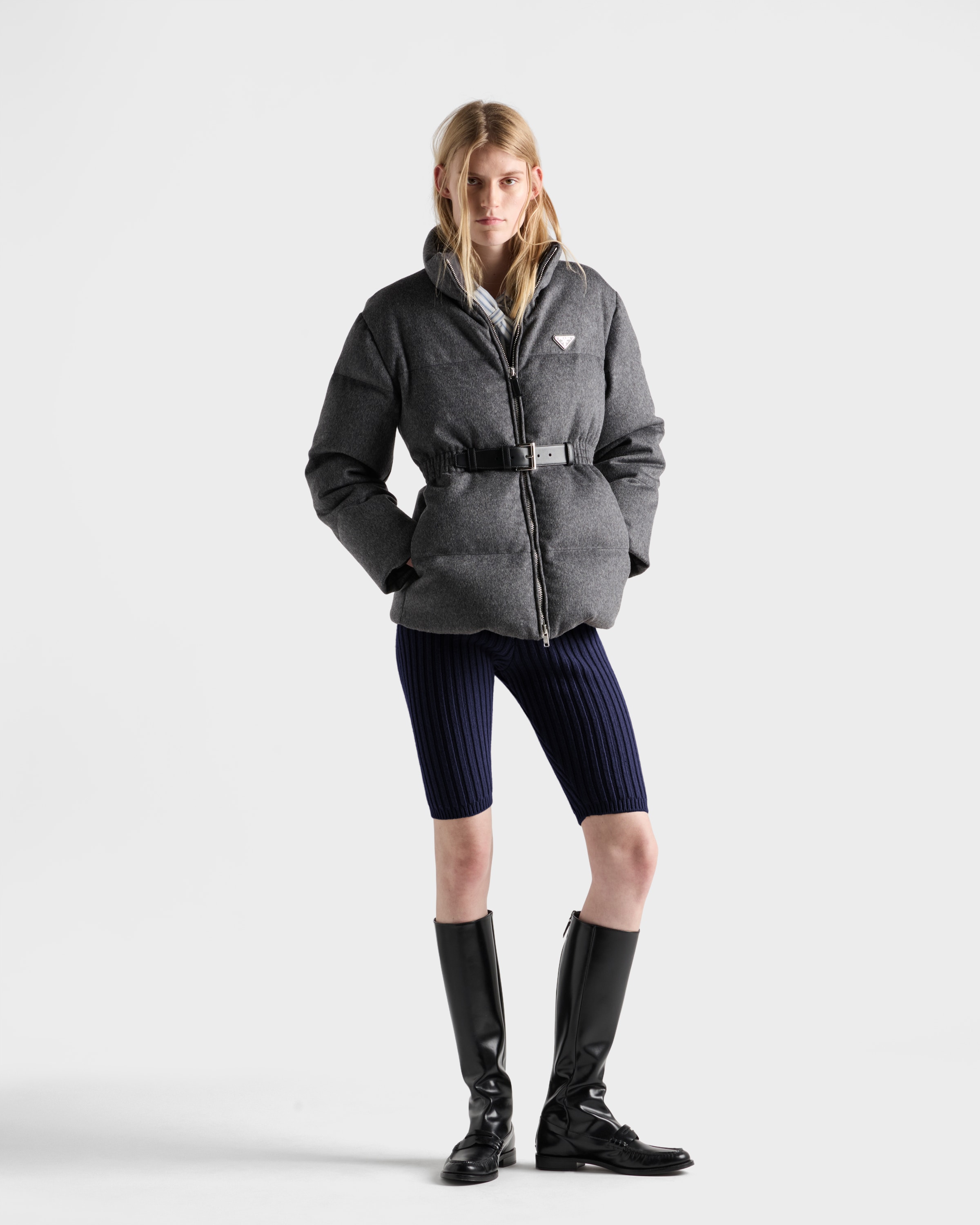 Prada Womens Grey Loden Belted Shell-down Puffer Jacket In Gray