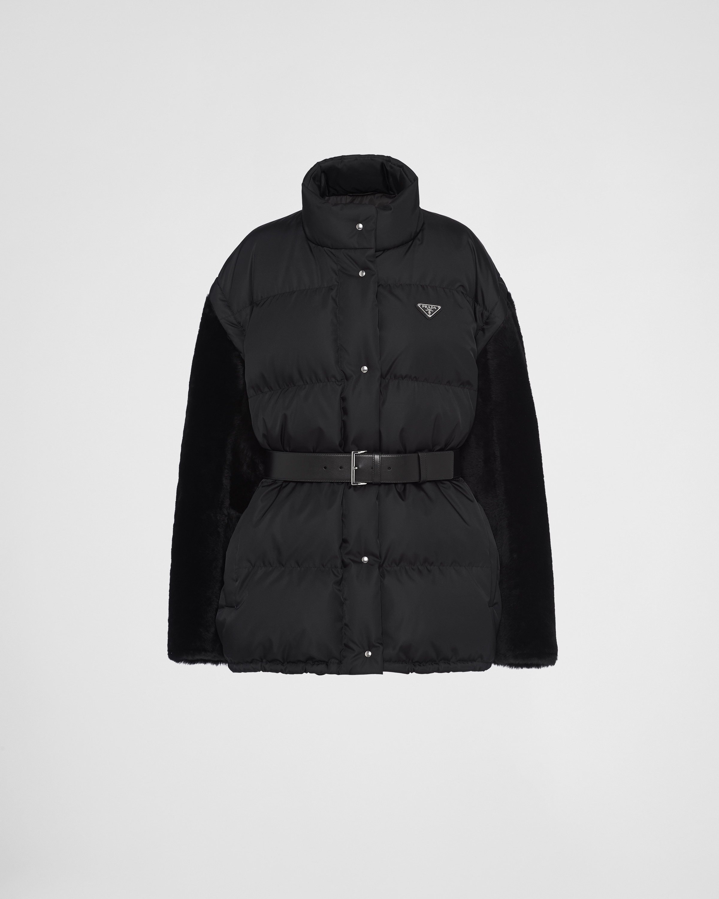 Prada Detachable-sleeve Belted Puffer Jacket In Black