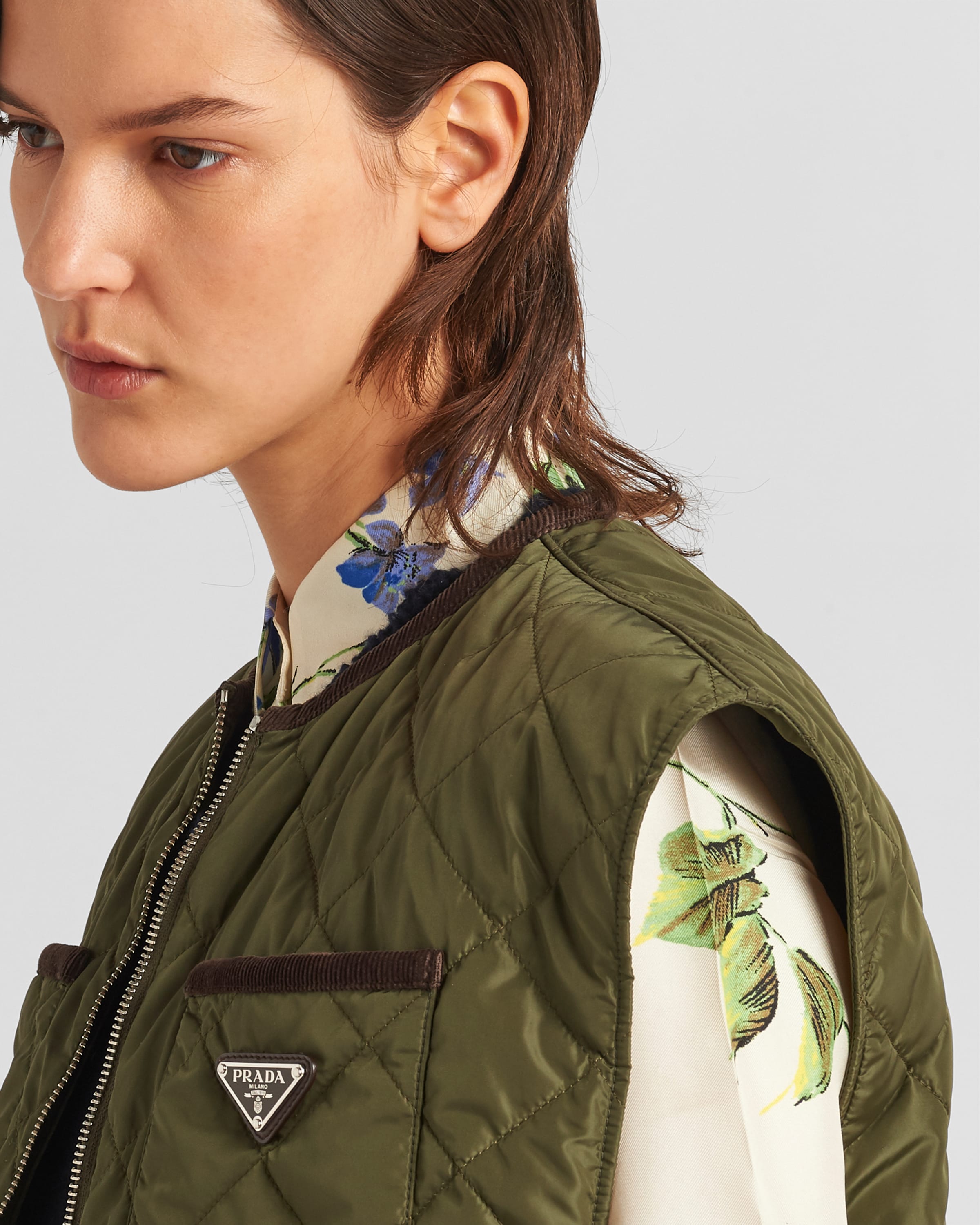 Military Green Quilted Light Re nylon Vest PRADA