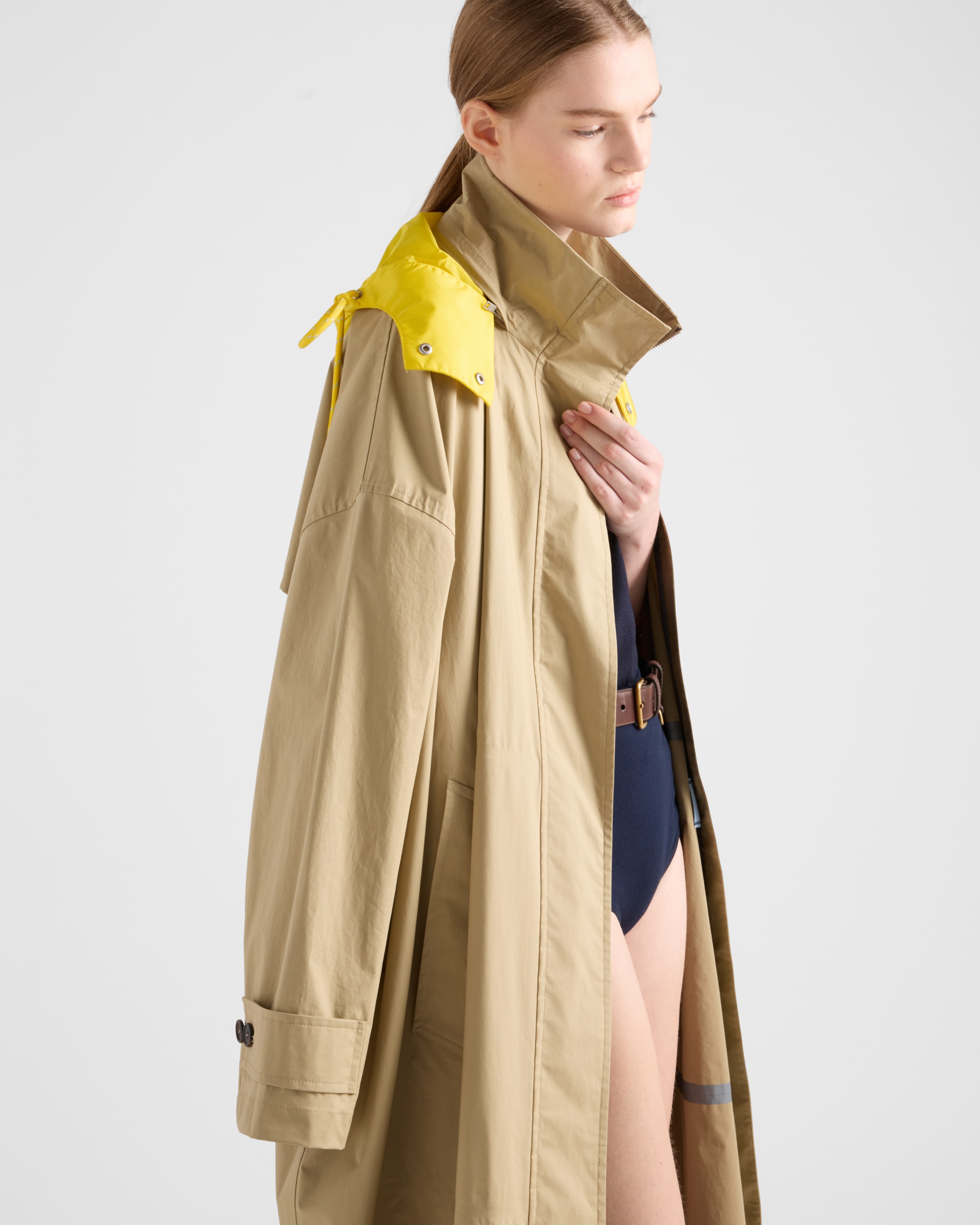 Prada Hooded Technical Poplin Raincoat In Khaki