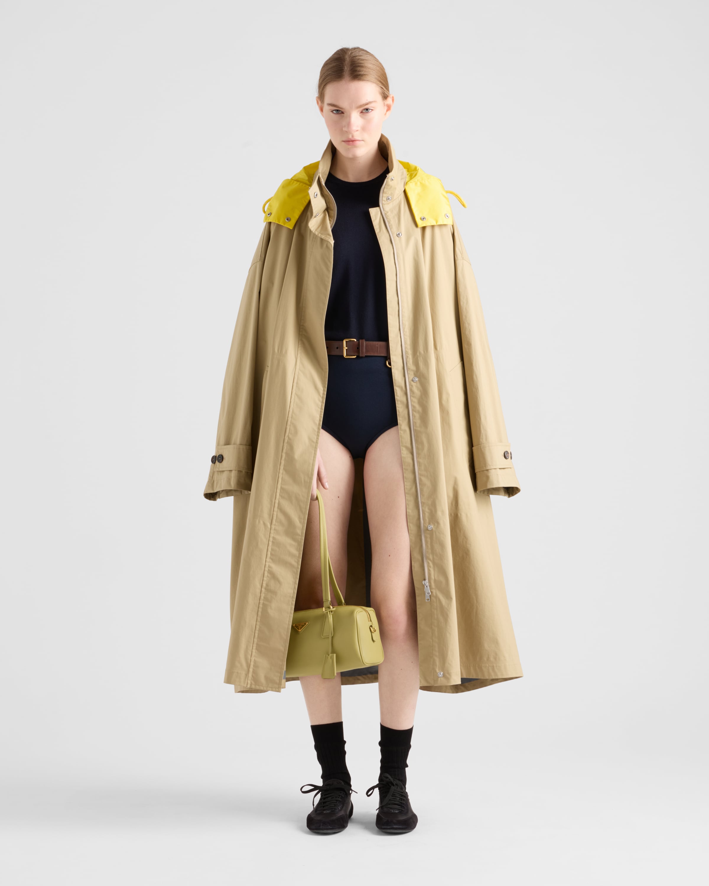 Prada Hooded Technical Poplin Raincoat In Khaki