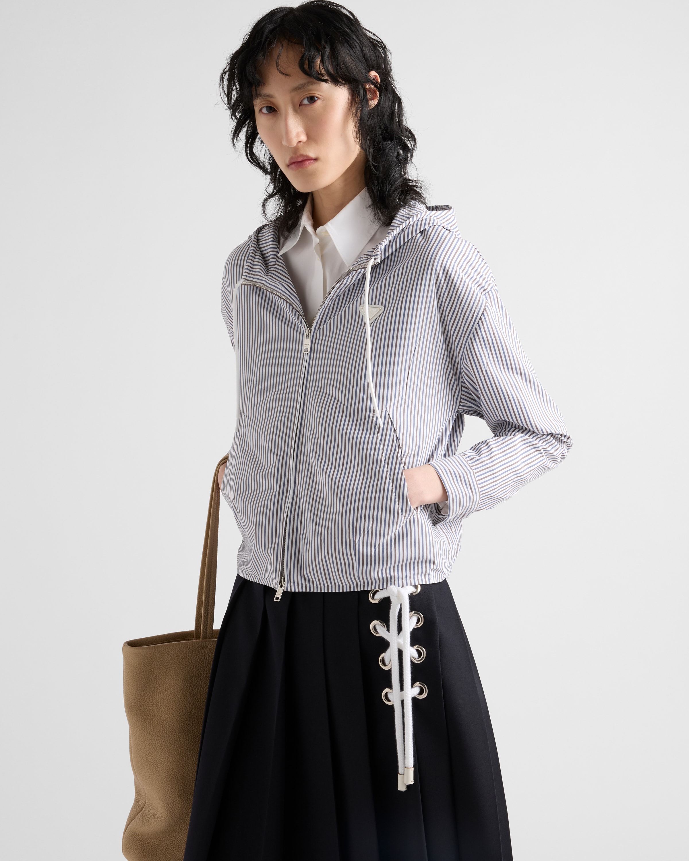 White/Blue Striped poplin blouson jacket | PRADA