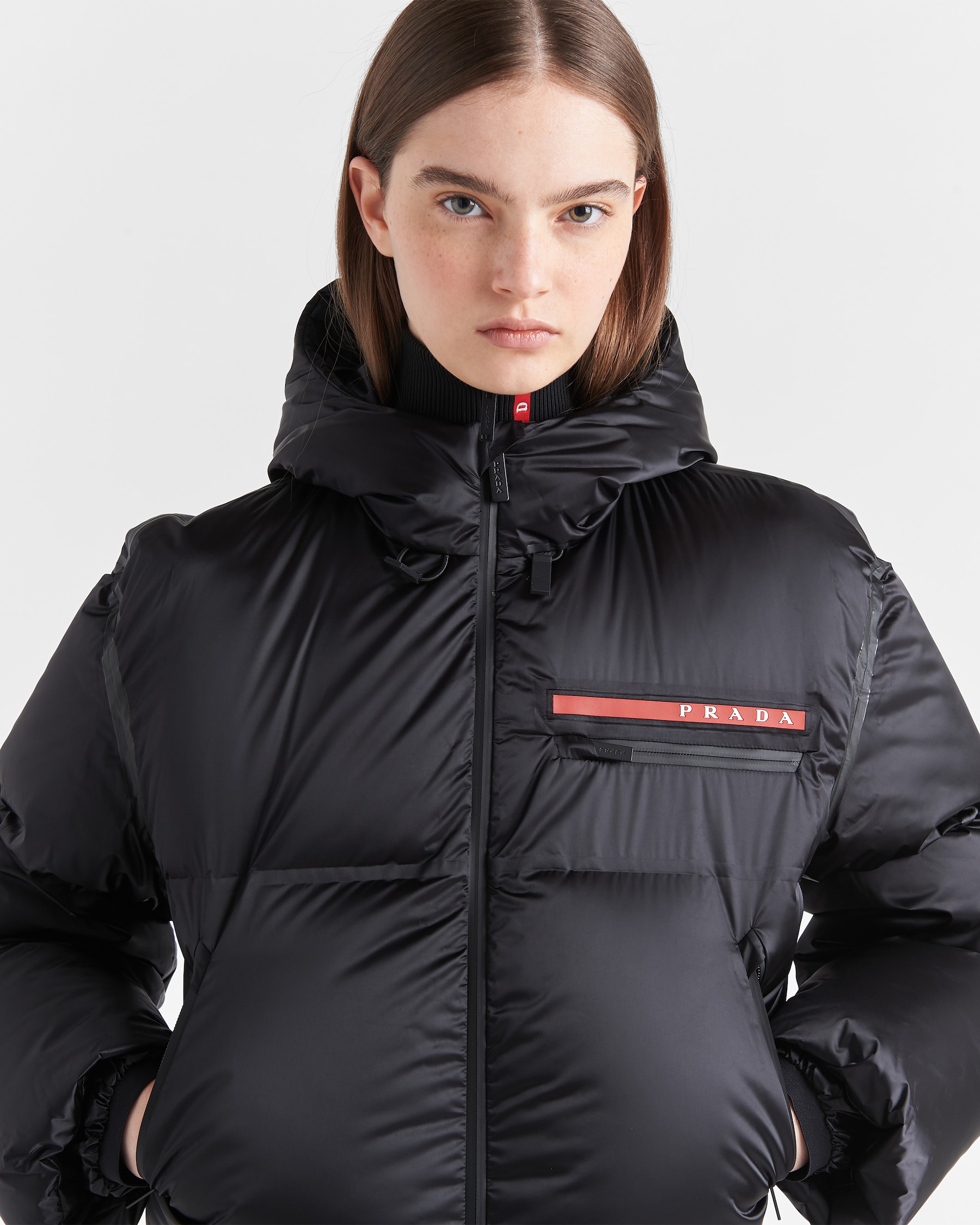 Black Cropped Technical Nylon Down Jacket PRADA